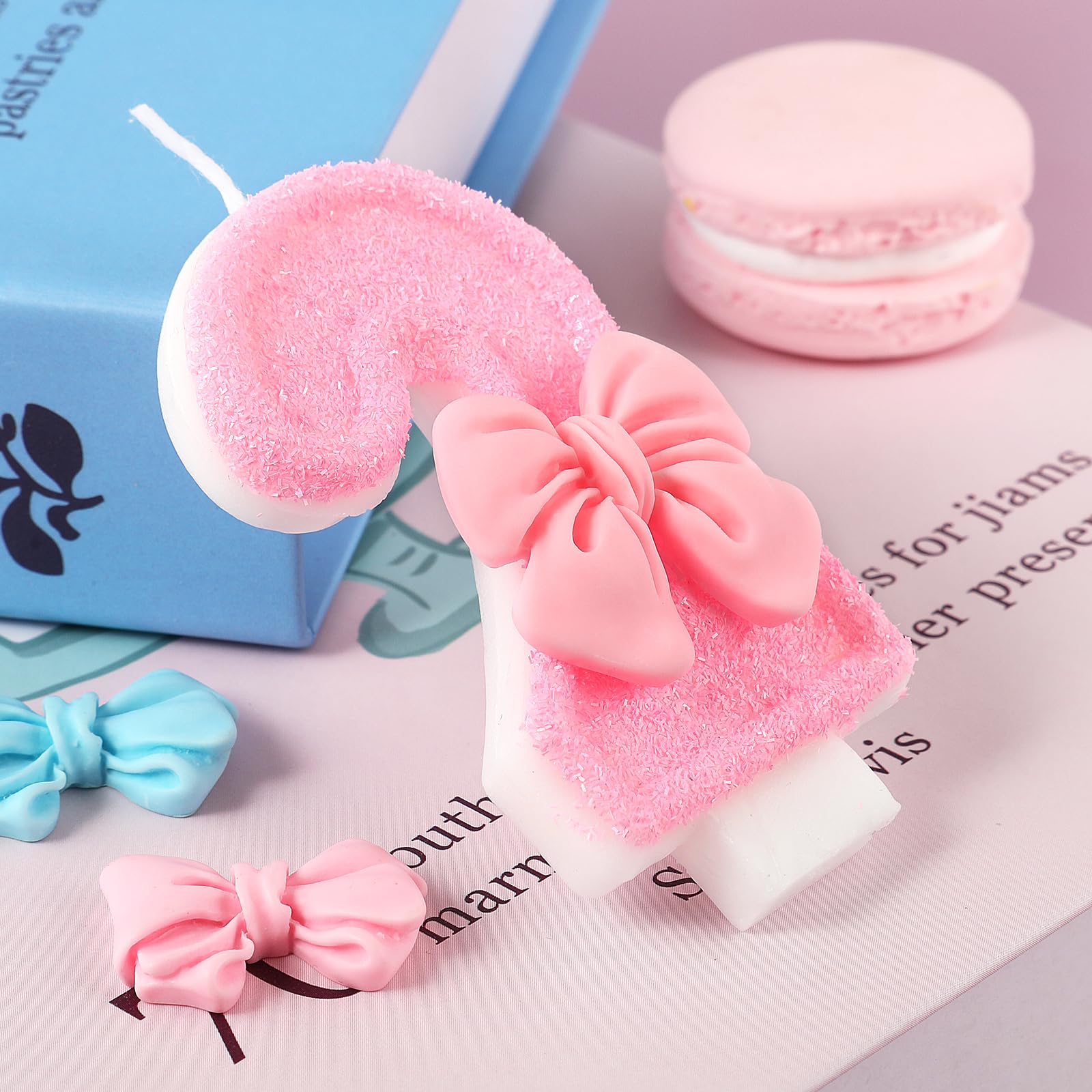 AKURIEEY Pink 2nd Birthday Candle Bow Numbers 2 Candle Cake Topper Cupcake Decorations Party Decor for Girls and Women Anniversary Celebrations Supplies