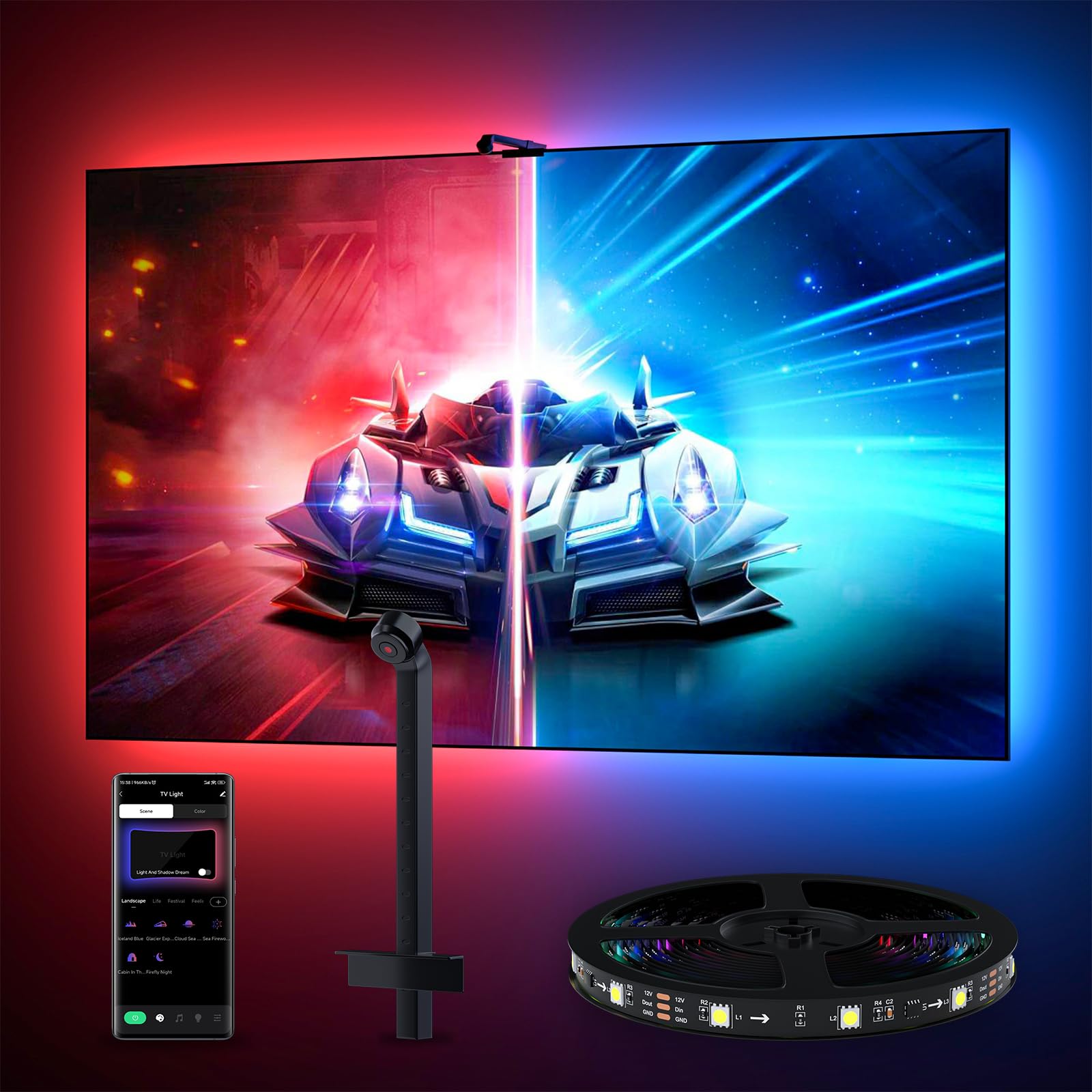 MIWATT TV LED Backlight with AR Sensor,3.8M RGB Strip Lights for 32-55 inch PC, TV & Monitor