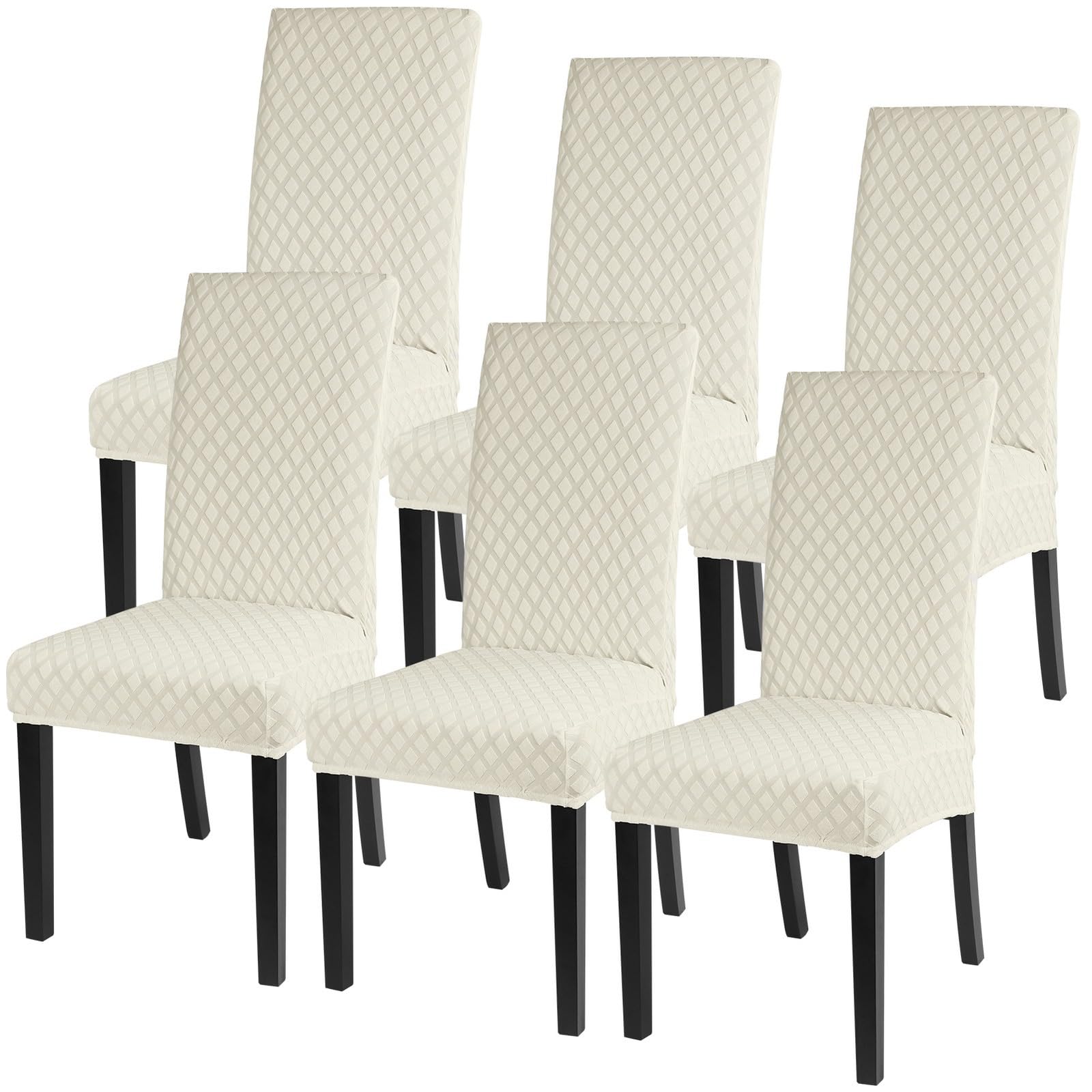 SearchI Dining Room Chair Covers Set of 6, Stretch Jacquard Parsons Chair Slipcovers Super Fit Removable Washable Kitchen Chair Protector Cover for Dining Room, Hotel, Ceremony (Cream)