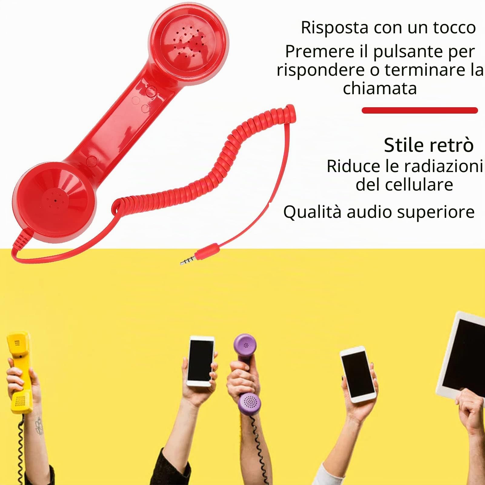 Cornetta del Telefono retrò, Microfono Ricevitore per Telefono Cellulare da 3,5 Mm con Controllo del Volume, Microfono con Cavo a Spirale da 9 Piedi per Smartphone (Rosso)