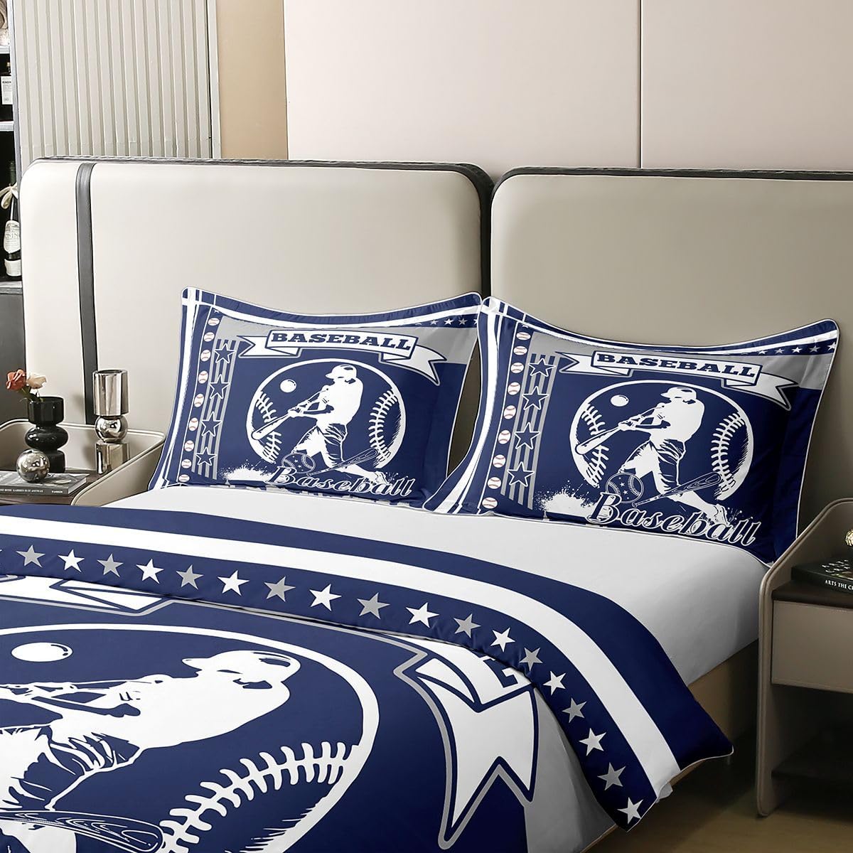 jejeloiu Baseball Duvet Cover 100% Cotton Queen Size Boys Girls Gaming Sports Bedding Set Breathable Soft Baseball City Comforter Cover 3Pcs Ball Games Bedroom Decor Microfiber Zipper Closure