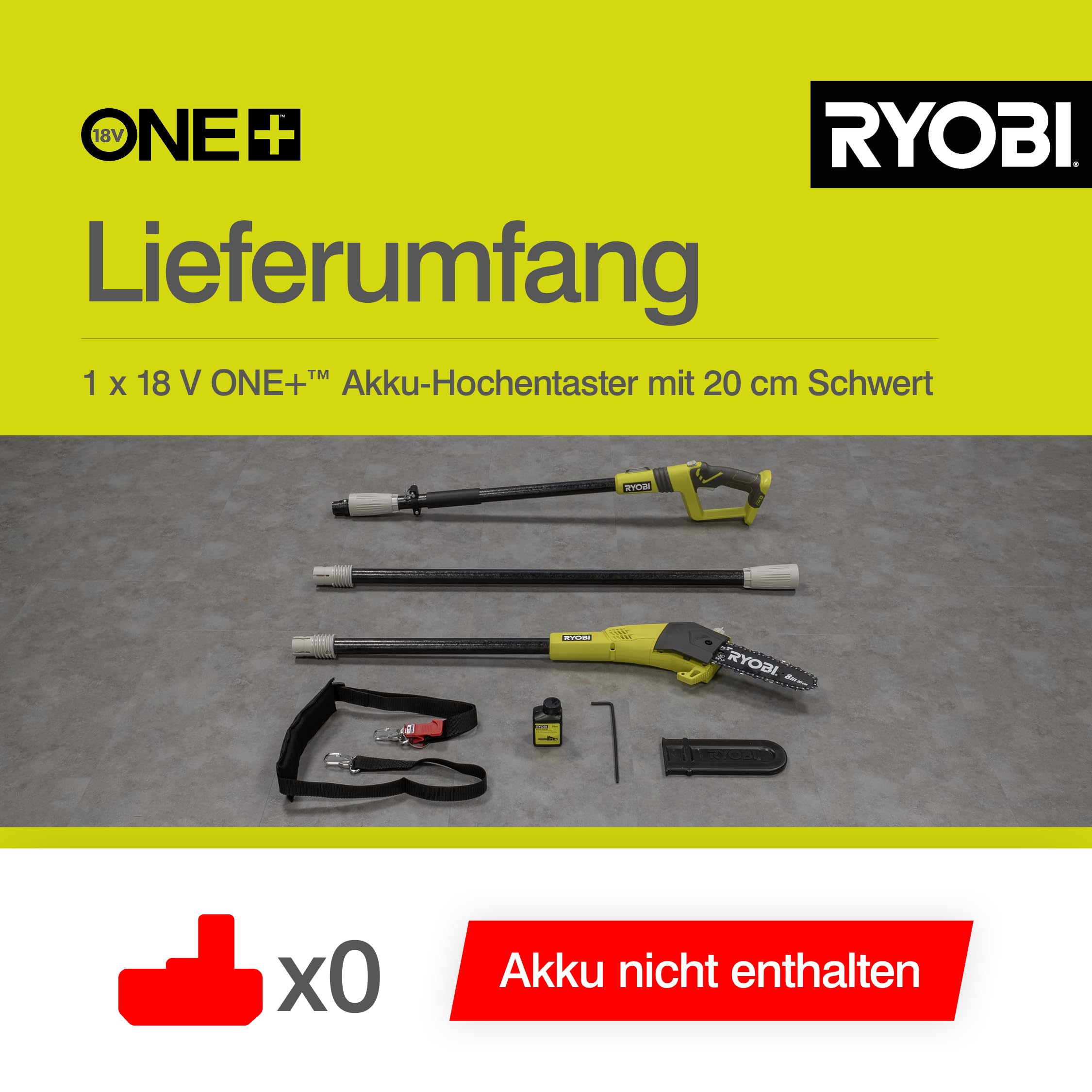 RYOBI 18V ONE+ Akku-Hochentaster OPP1820 | Teleskop-Astsäge mit 20 cm Schwert, 5,5 m/s Kettengeschwindigkeit, Reichweite bis 4 m, automatische Kettenschmierung, ohne Akku und Ladegerät