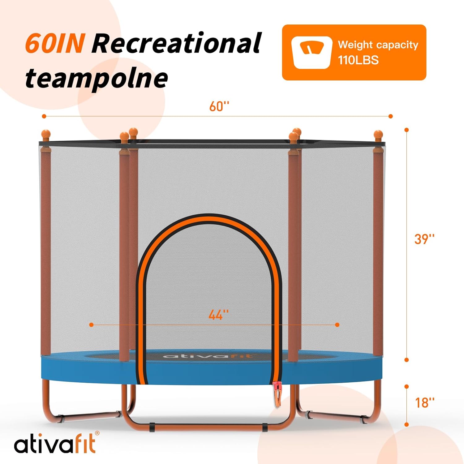 Ativafit 60'' Rebounder Trampoline Indoor Outdoor for Kids Ages 1-8, 5 FT Recreational Toddler Trampoline with Safety Enclosure Net Gifts with Basketball Hoop Dartboard Ocean Bal Blue-orange image 6 of 8 B0CC8V7LVB