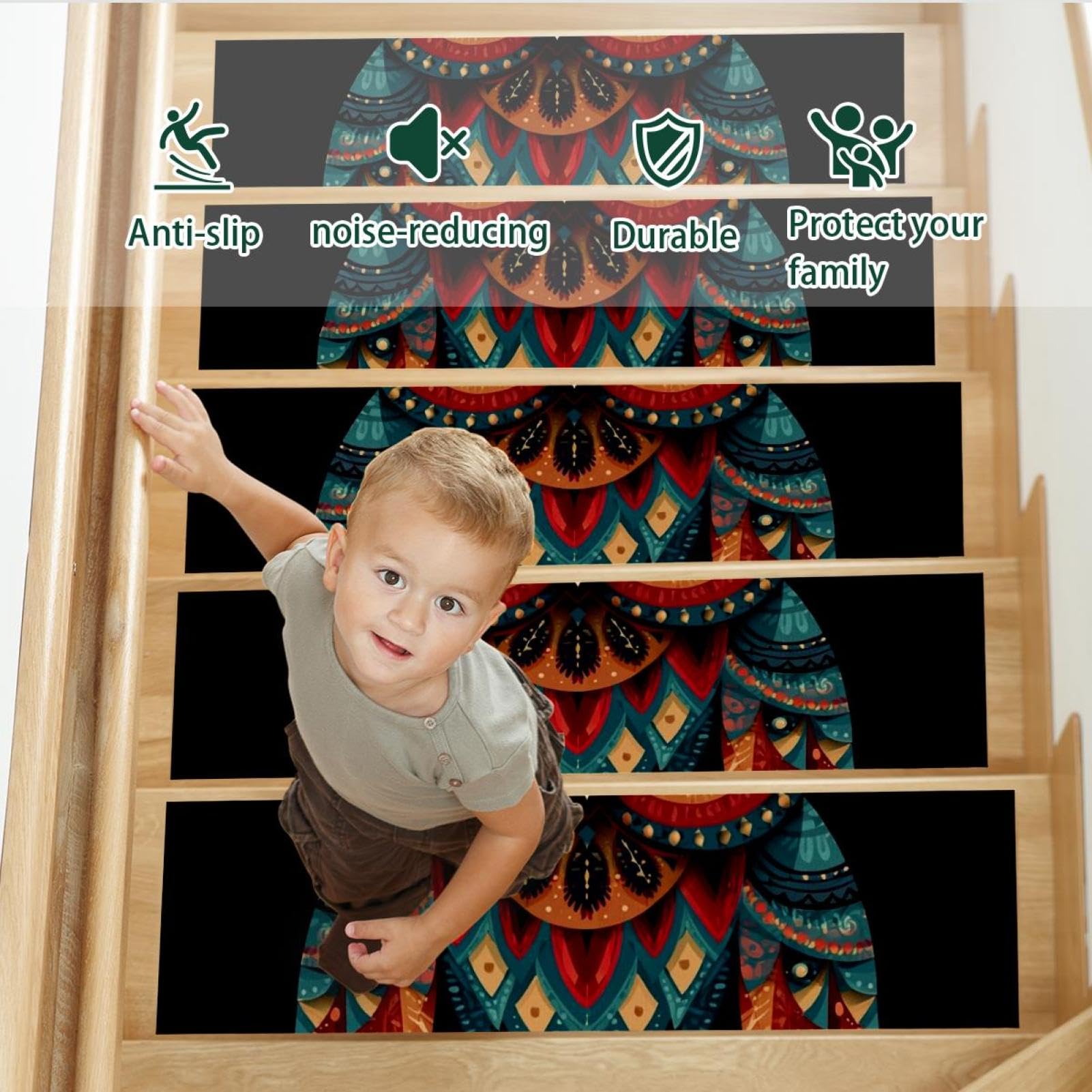 Lot de 15 tapis d'escalier antidérapants et autocollants de sécurité Motif hibou ethnique tribal 76,2 x 20,3 cm