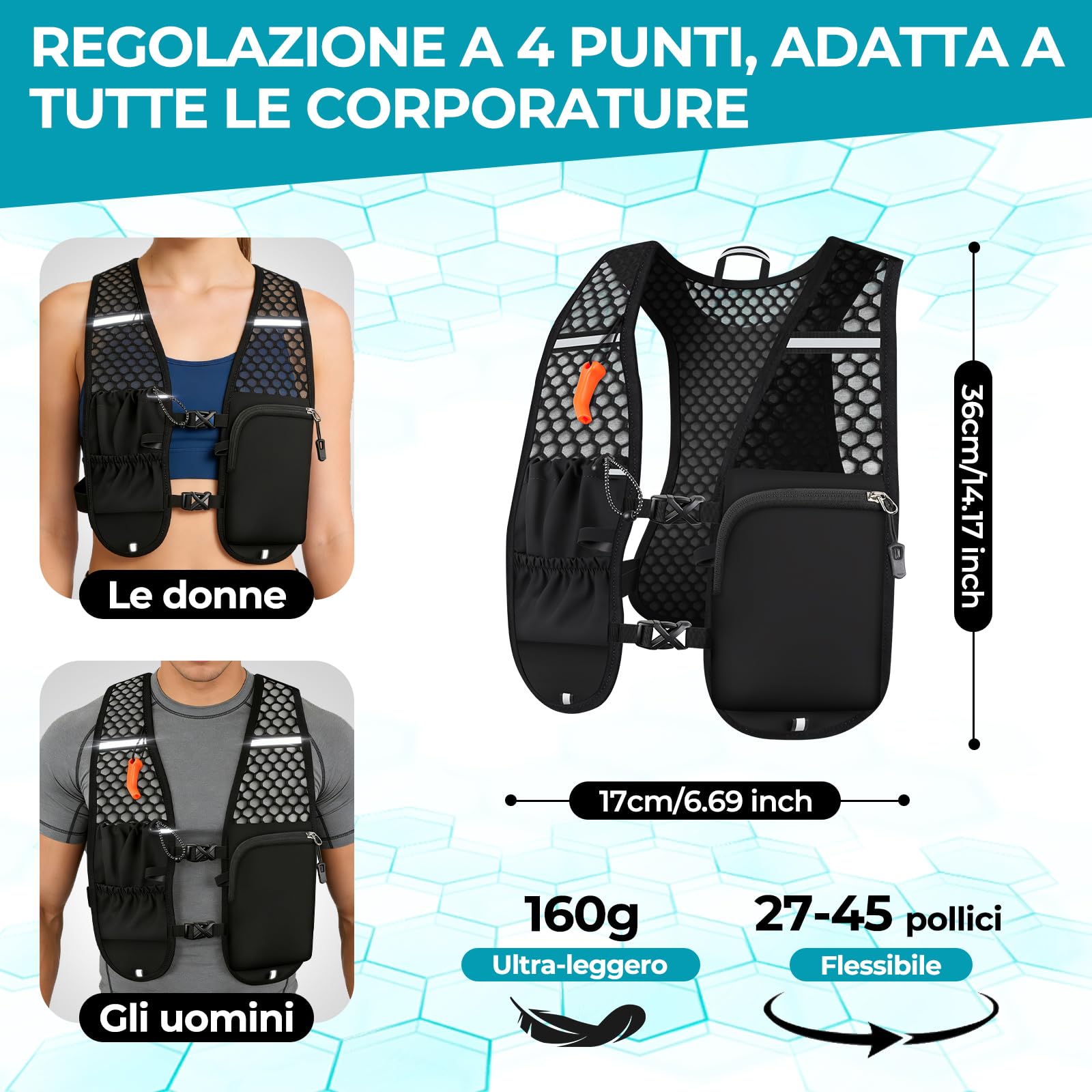Gilet Running Uomo Donna Ultralight 160g, Gilet Trail Borraccia 500ml, Zaino Running Idratazione Regolabile Riflettente Fischietto Tasche Telefono Corsa Trail Running Maratona Trekking