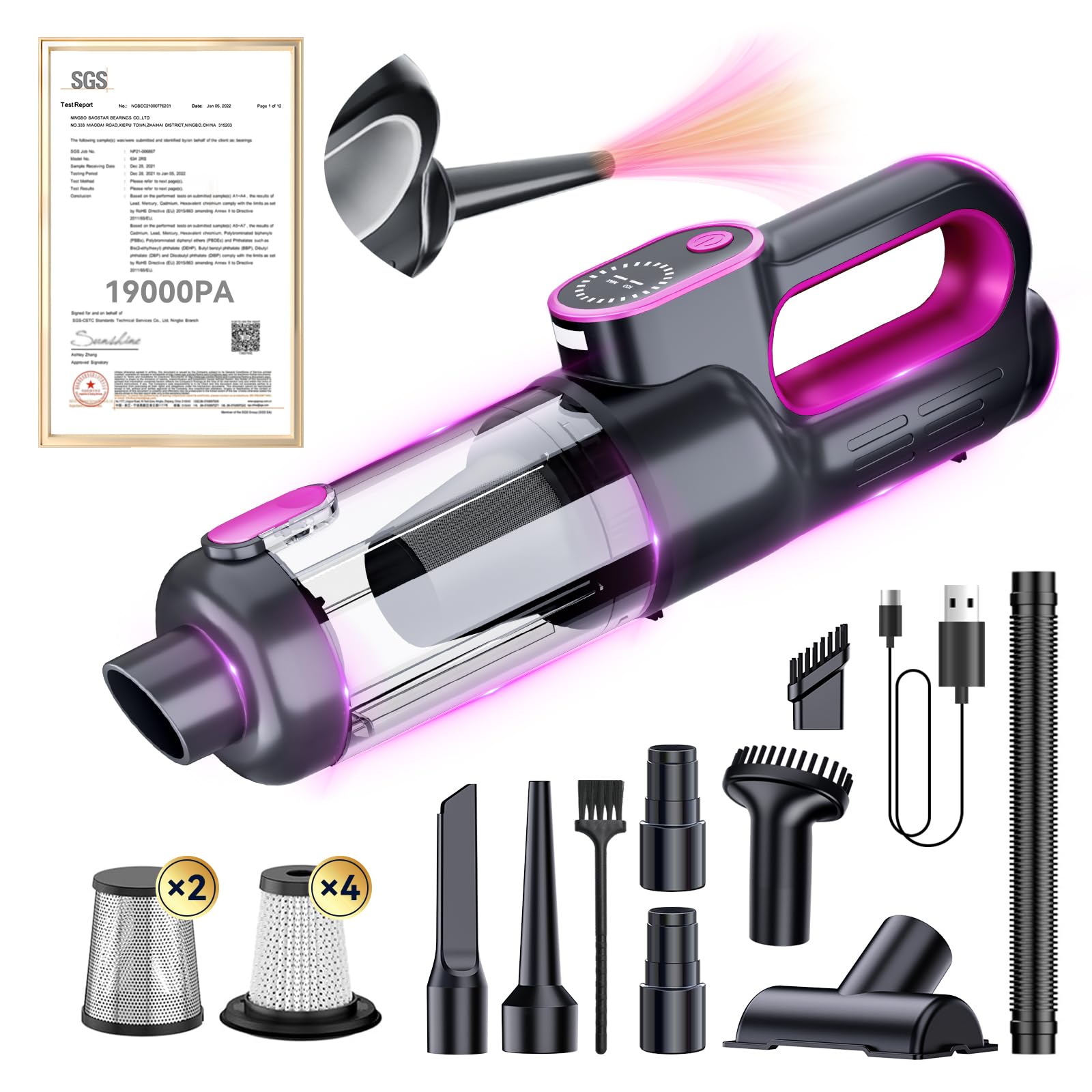11-in-1 Car Vacuum Clearner【19000pa Suction | Japan Brushless Motor】【SGS-Certified Smart Chip】Powerful Handheld Vacuum with LED Light Multi-Nozzles and Storage Bag for Home Office Pet Hair, Rose Black