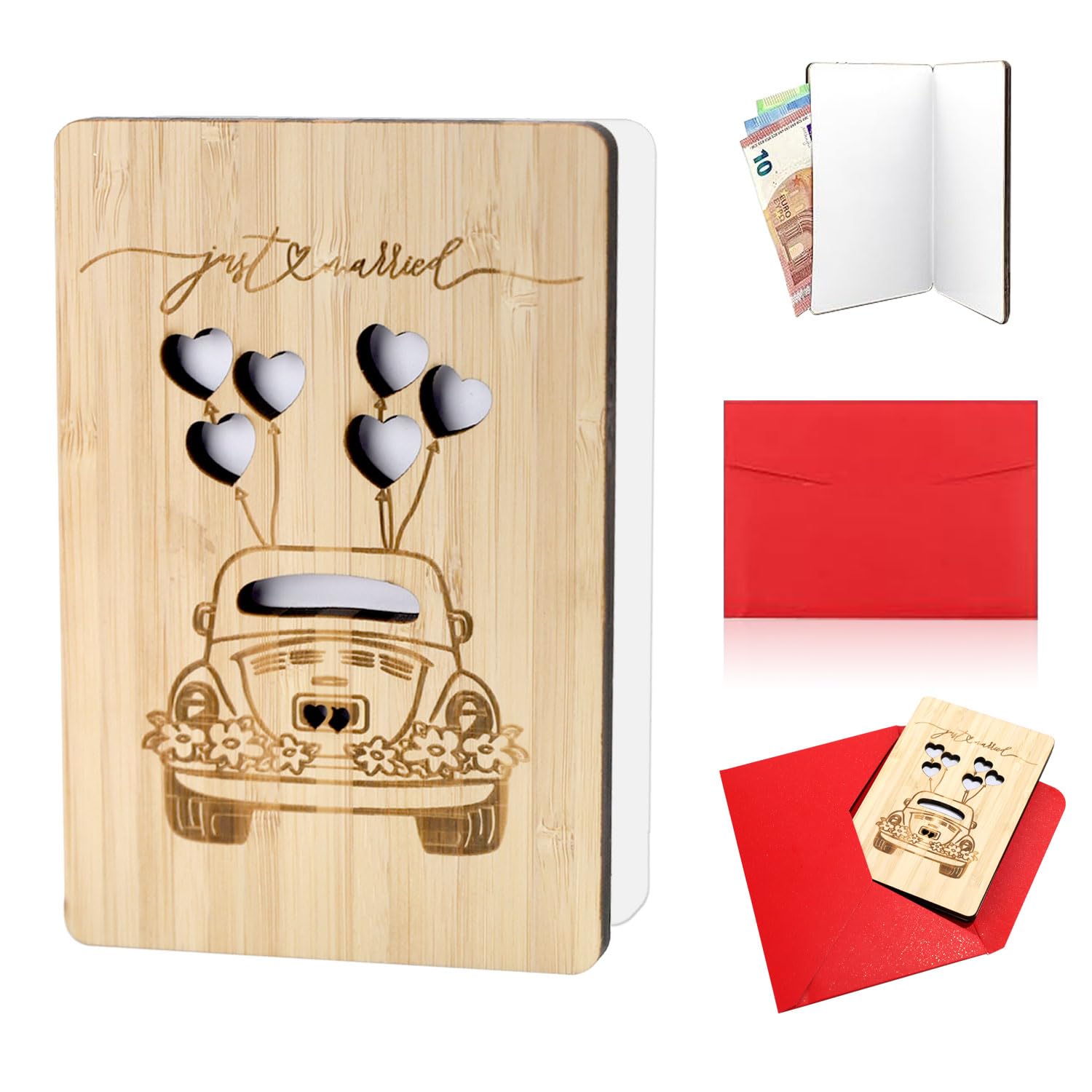 Demarsen Tarjeta de Felicitación para Boda, 15,5x10 cm Tarjeta Felicitacion Madera con Sobres, Tarjetas de Invitación Hecha a Mano, Regalo de Dinero para Cumpleanos Bodas y San Valentin