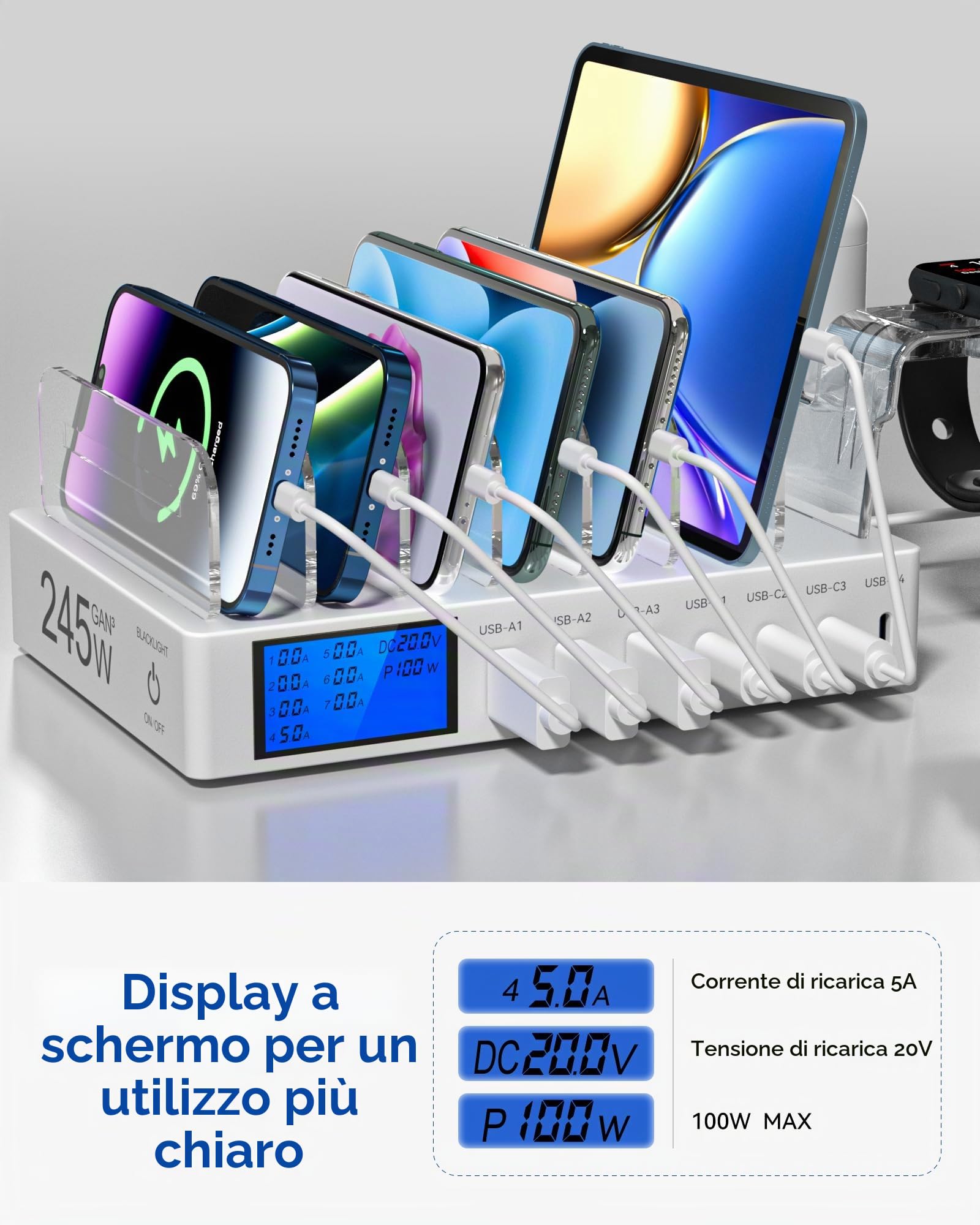 Stazione di Ricarica da 245W, 7 Porte Dispositivi Multipla USB, con schermo LCD Stazione Ricarica Cellulari per iPhone, Tablet e Altri Dispositivi Elettronici（Senza cavo di ricarica）-bianco