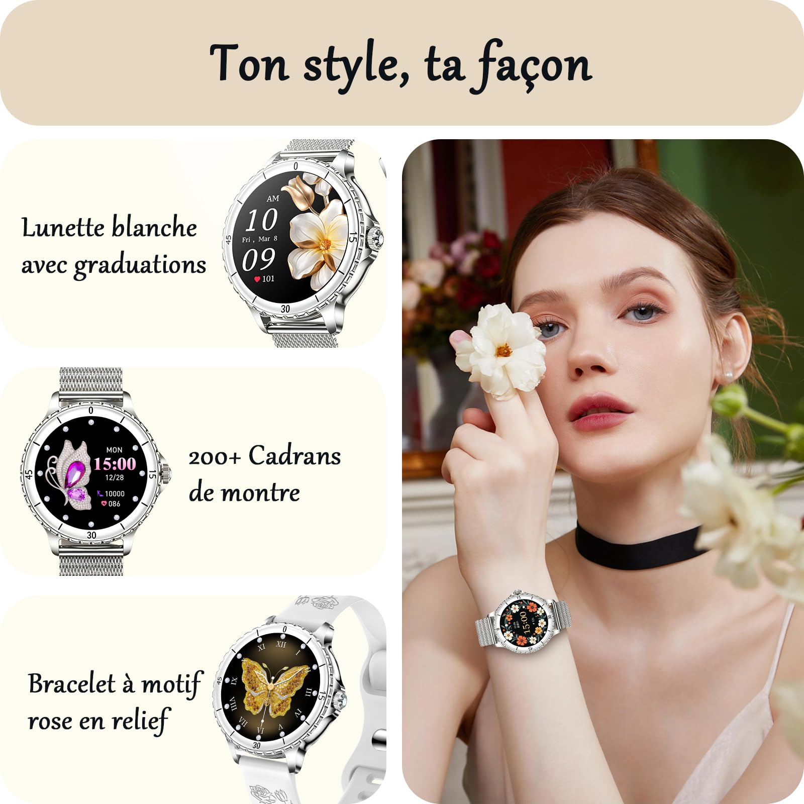 Montre Connectée Femme avec Appel Bluetooth, 1,27" Smartwatch avec Fréquence Cardiaque/SpO2/Sommeil Montre, 120+ Mode Sportifs Montre, IP68 étanche Fitness Podomètre Compatible pour Android iOS