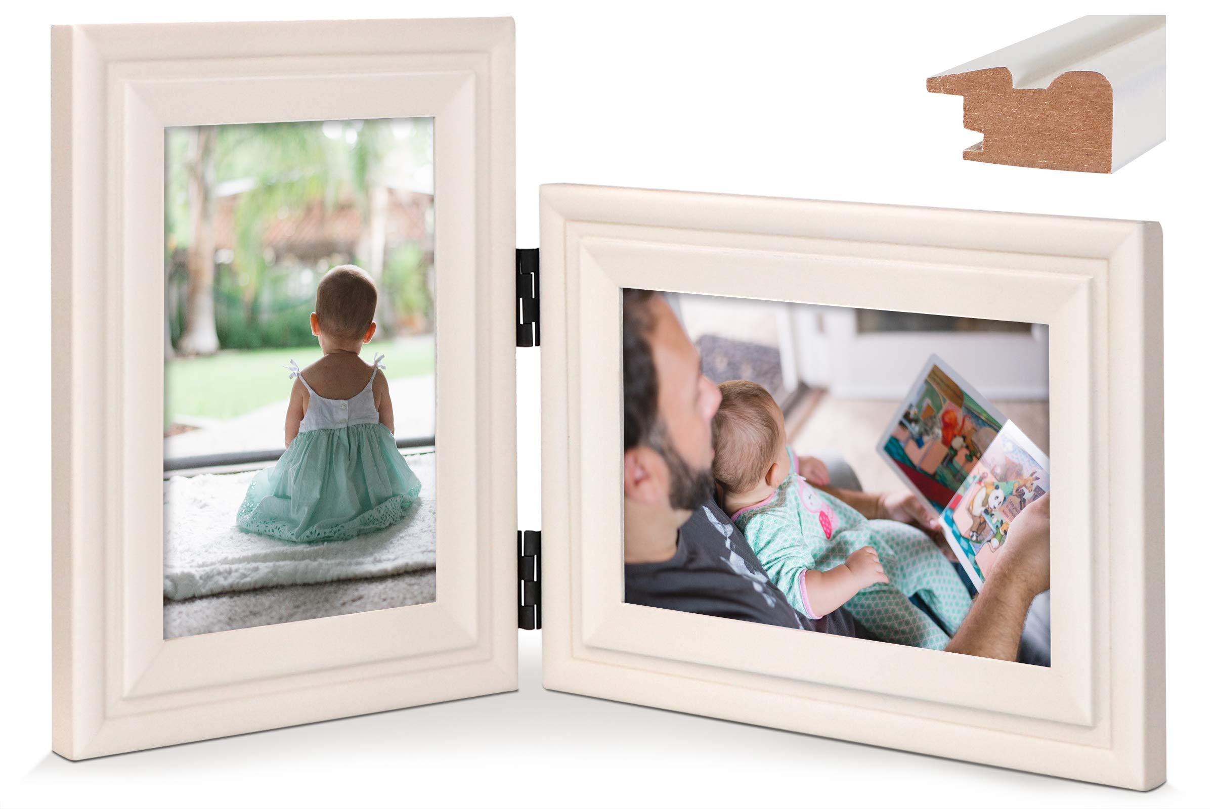 JD ConceptVertical Horizontal Combo, Double 6x4 (10 x 15 cm) White Wood Hinged Photo Picture Frame, Desktop or Wall Mounted, Portrait and Landscape View