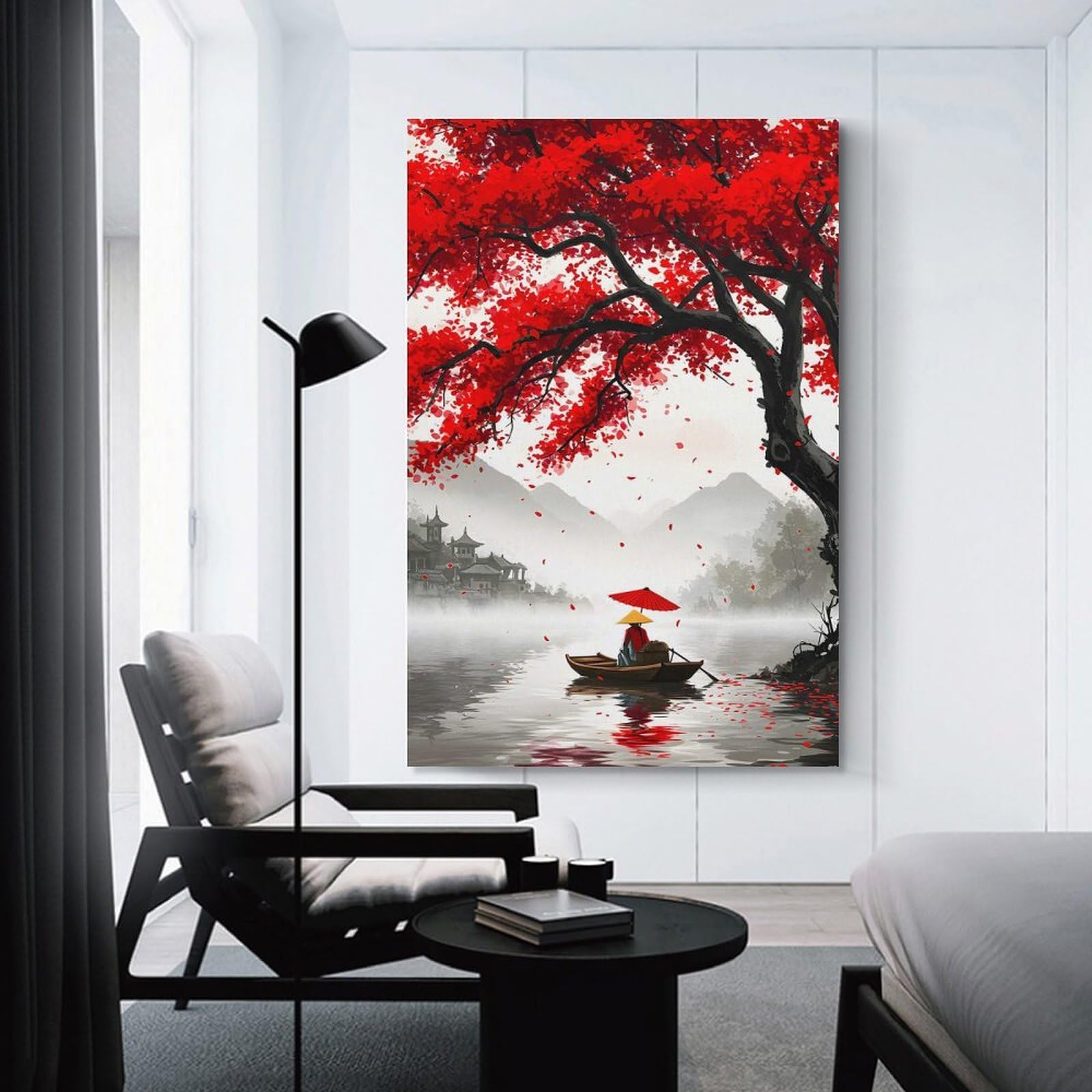Junmoney Canvas Art Print Japanese Lake Scene with Red Tree, 20x30inch(50x75cm), for Office, Study Or Home Workspace, Home Office Artwork with Decorative Appeal