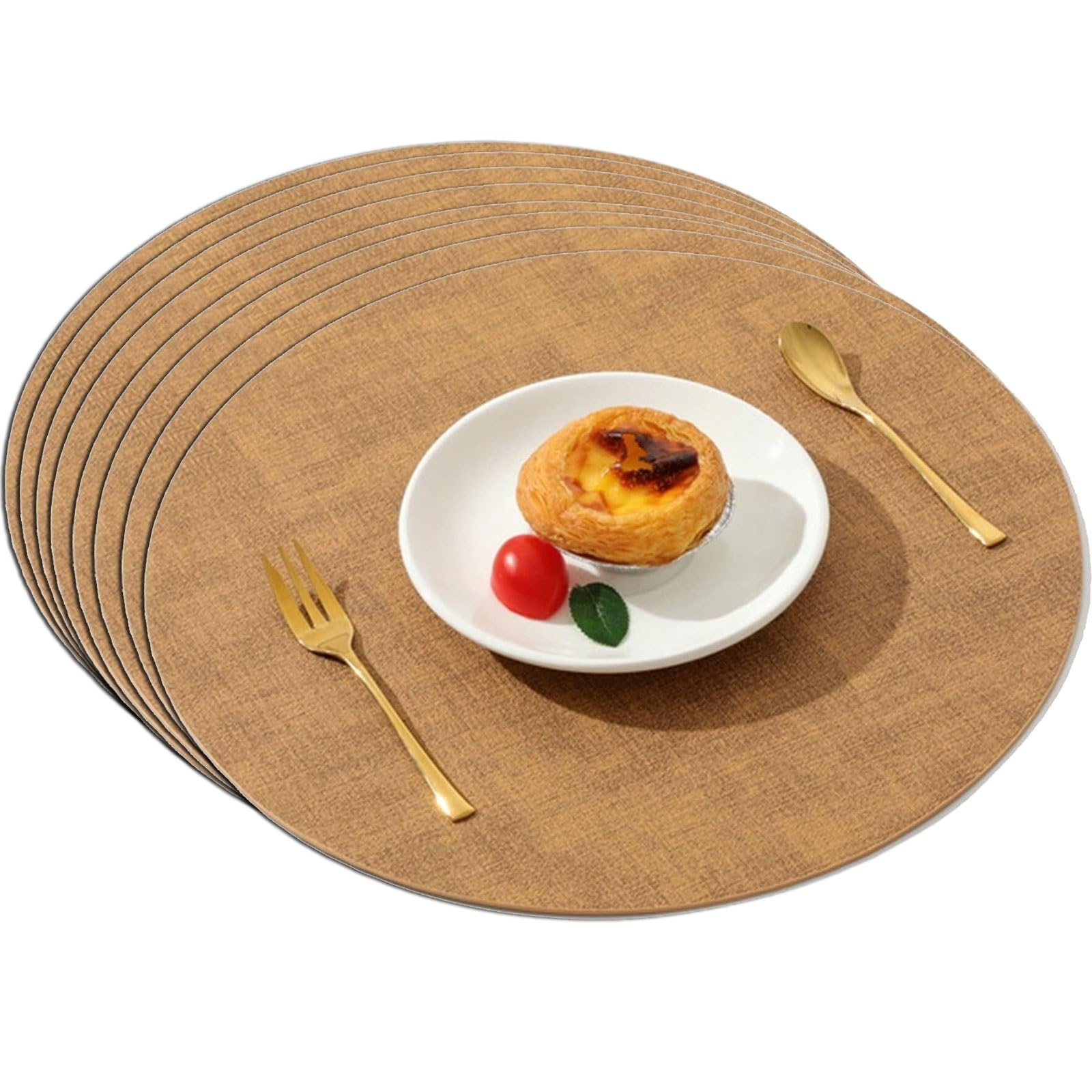 Manteles individuales de piel sintética, juego de 4/6/8, redondos de 12,9 pulgadas, de doble cara, antideslizantes, fáciles de limpiar y resistentes a las manchas.(Yellow-brown,Set of 8)