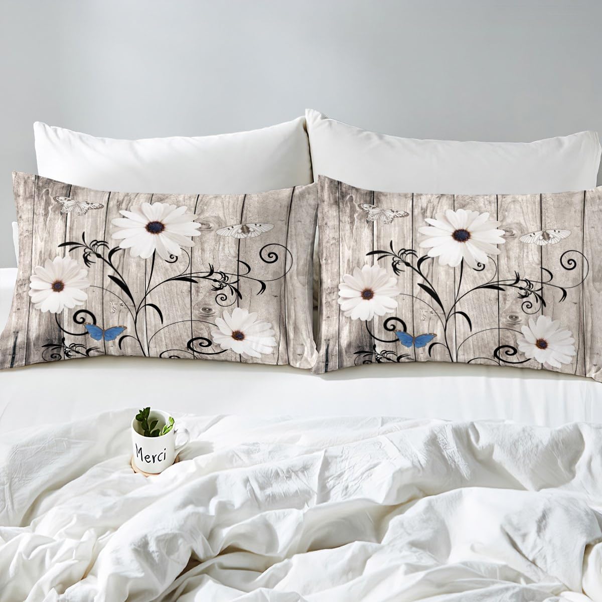 Daisy Floral Duvet Cover Set King Size,Rustic Countryside Old Barn Door Comforter Cover Abstract Black Leaves Botanical Bedding Set,Kids Teens Woman Men Room Decor Nature Butterfly Quilt Cover 3Pcs