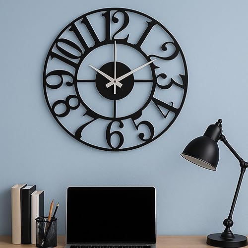 Miniatura 206 de Reloj de pared de metal de 20 pulgadas, redondo, silencioso, moderno, analógico, grande, funciona con pilas, reloj de pared para sala de estar, Negro