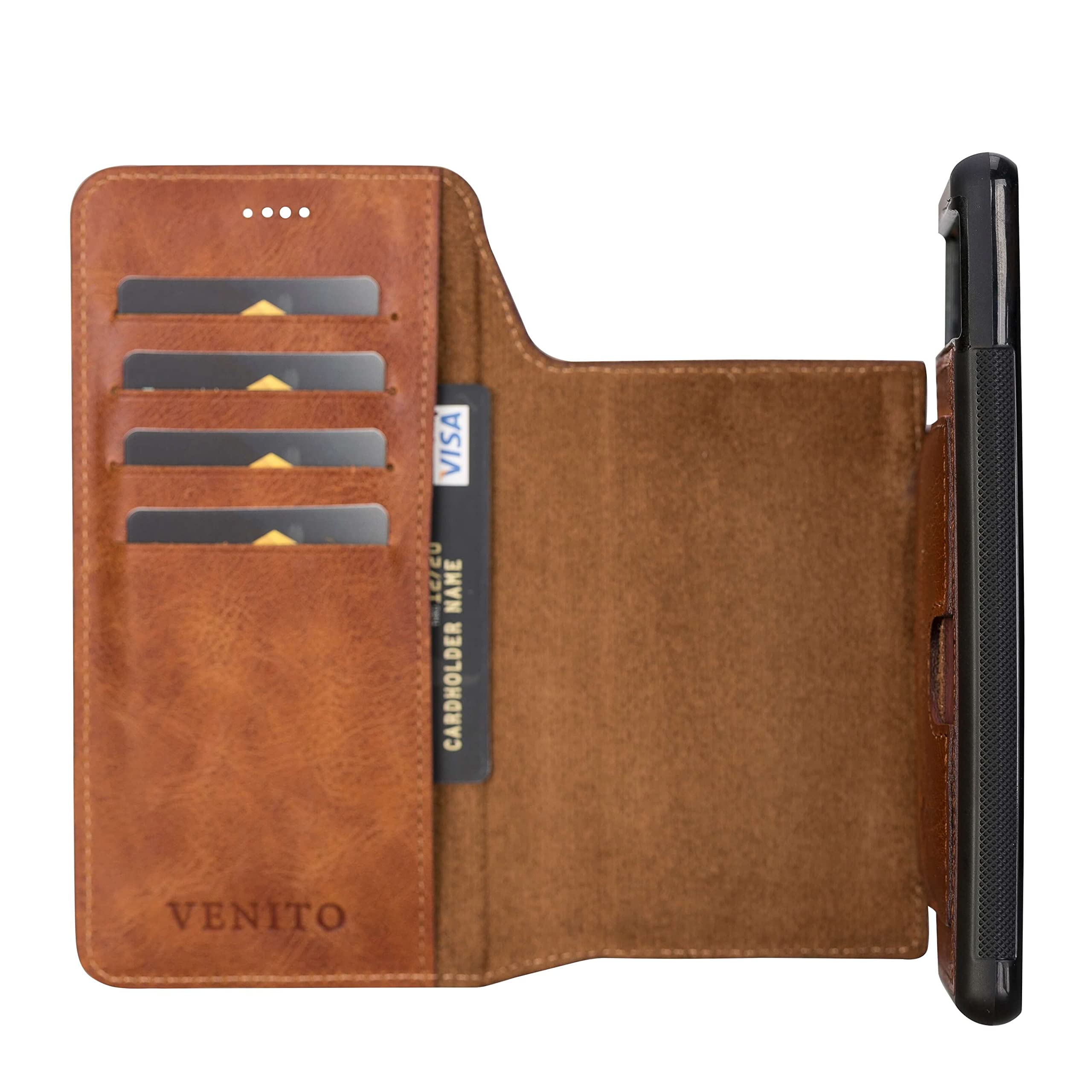 Venito Florence-Flex RFID Blocking Leather Wallet Case Compatible with Google Pixel 6 - Non-Magnet Slide in Detachable Wallet Case - Antique Brown (Antique Brown)
