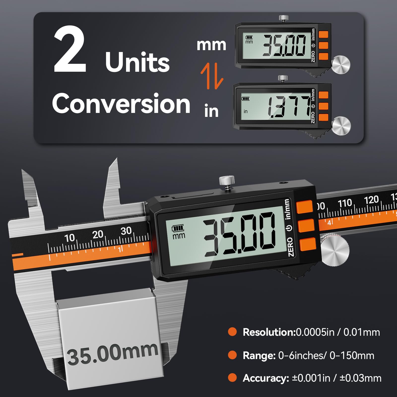 Preciva Digitale Messschieber, Schieblehre 0-150mm/0-6 Zoll Messlehre mit LCD-Anzeige Type-C Aufladbar Messwerkzeuge (Schwarz mit Orange)