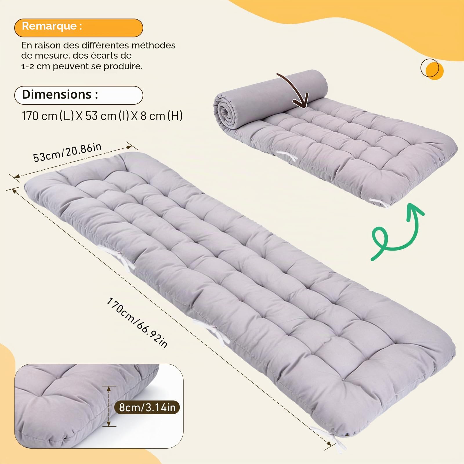 Coussins pour Bain de Soleil, 170x53x8cm Coussins pour Bancs de Jardin avec Capuche Antidérapante et Sangles de Fixation, Coussin pour de Jardin Convient aux Chaises Longues