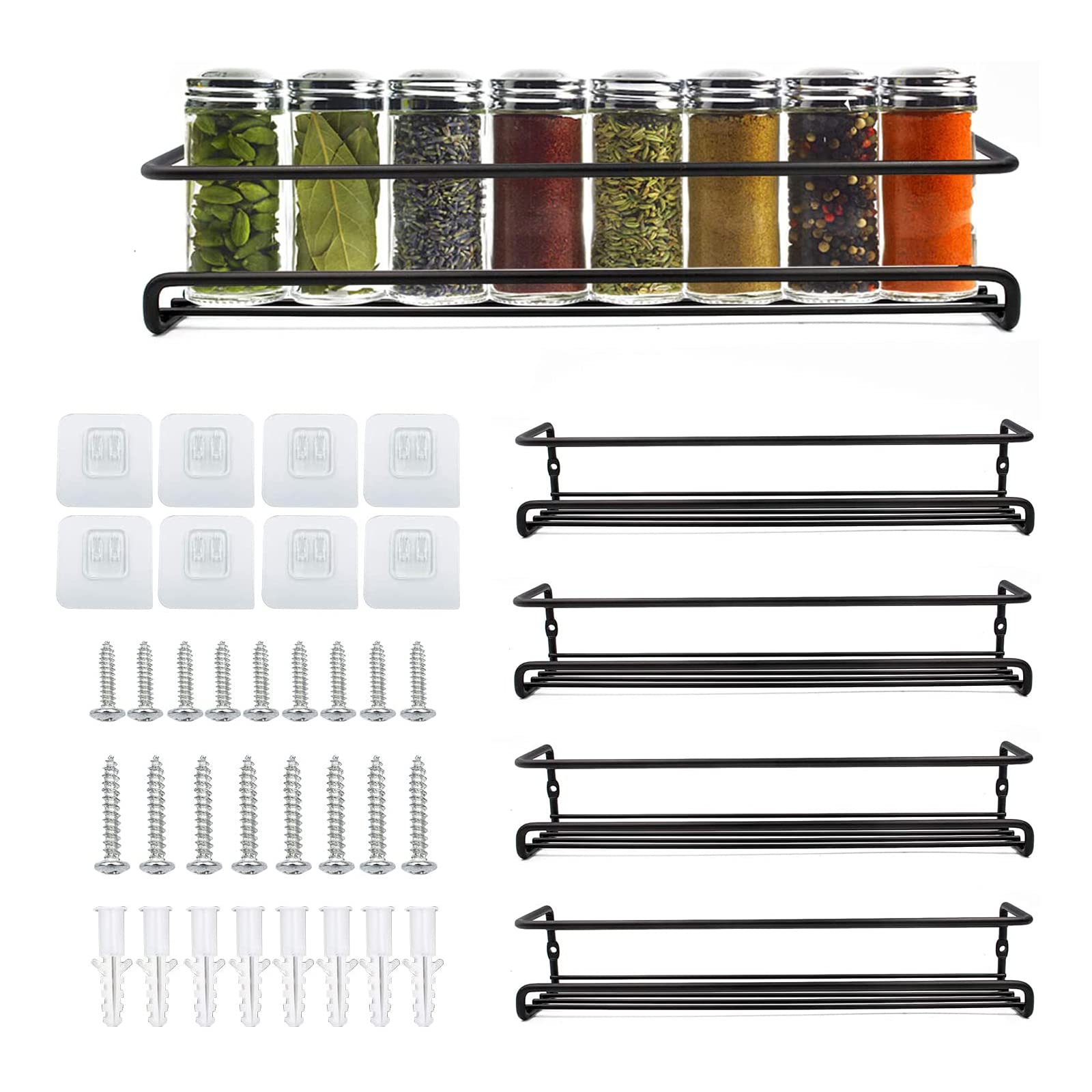Demoyaya 4 Pack Spice Rack Organiser Wall Mounted, Spice Rack Shelves with Adhesive or Screw Mountable, Storage Bottles Seasoning Organizer for Kitchen Pantry Cupboard Door