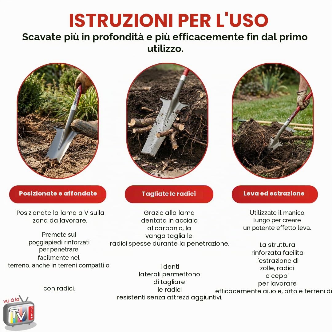 Vanga da drenaggio a manico XL – ROOTSLAYER – Venteo – Lama a V rovesciata – Denti ultra affilati in acciaio al carbonio