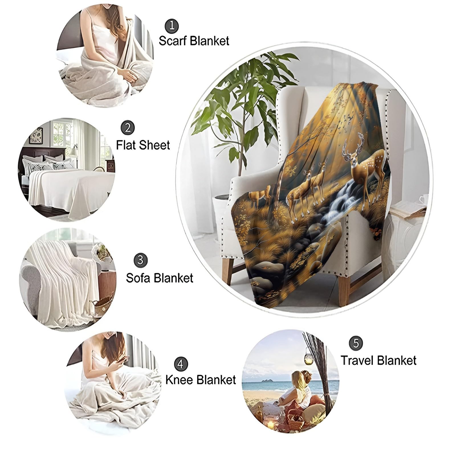 3D Plaid Couverture Polaire 150x200 cm Peinture À l'huile Cerf Animal La Forêt Hiver Chaude Douce Moelleuse Microfibre Couverture de Lit Couvre-lit Jeté de Canapé, Convient Adulte et Enfant