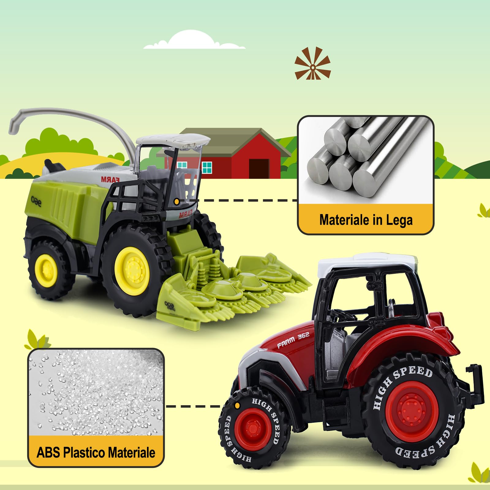VBACALA Set Trattore Giocattolo Fattoria Pressofuso,Trattore con Rimorchio Mietitrebbia per Bambini, Veicolo Agricolo a Trazione Posteriore Modello,Giocattolo da Regalo per Ragazzi e Ragazze 3+ Anni