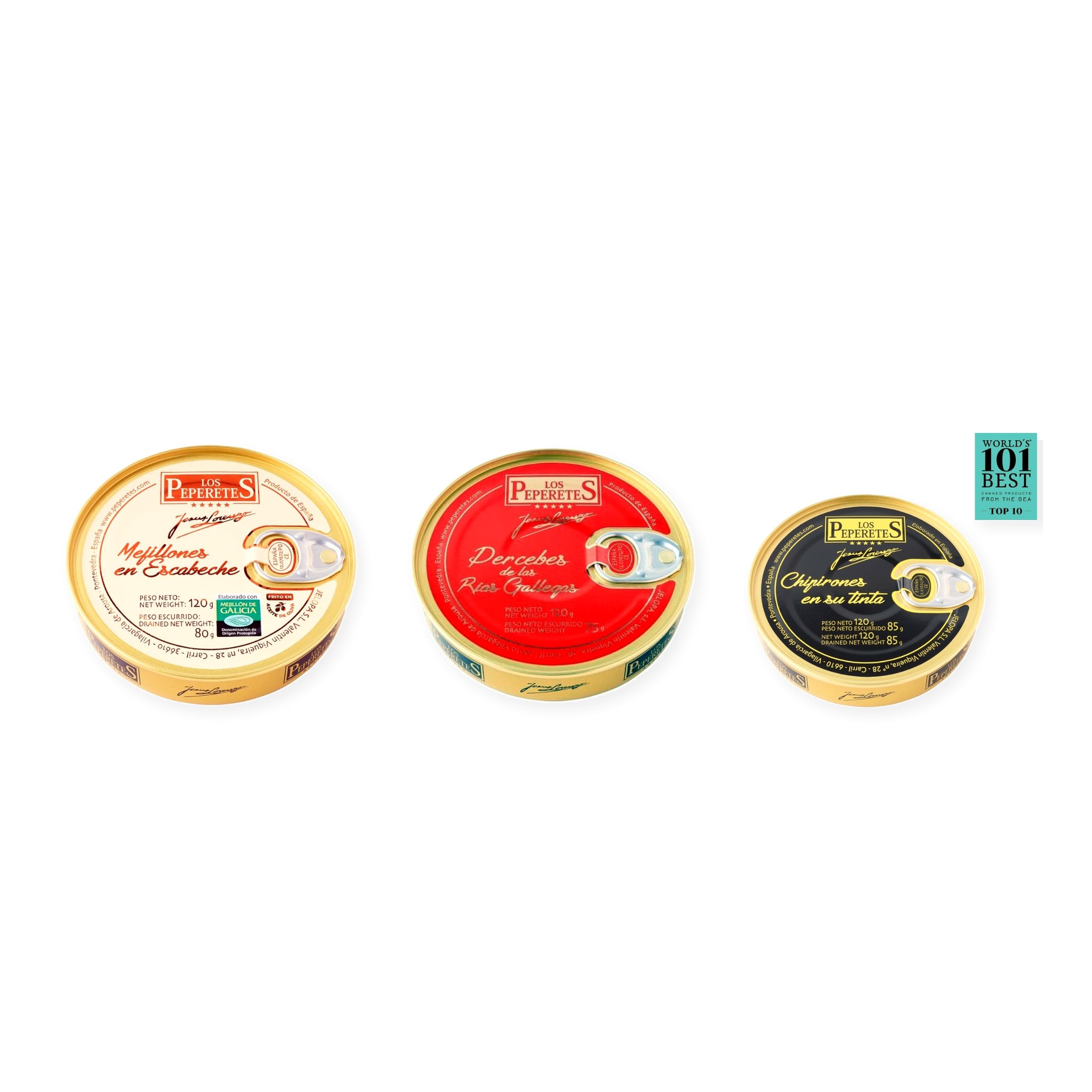 los peperetes conservas Mejillones Escabeche 10-12, Percebes Rías Gallegas y Chipirones Tinta 120g pack 3 latas