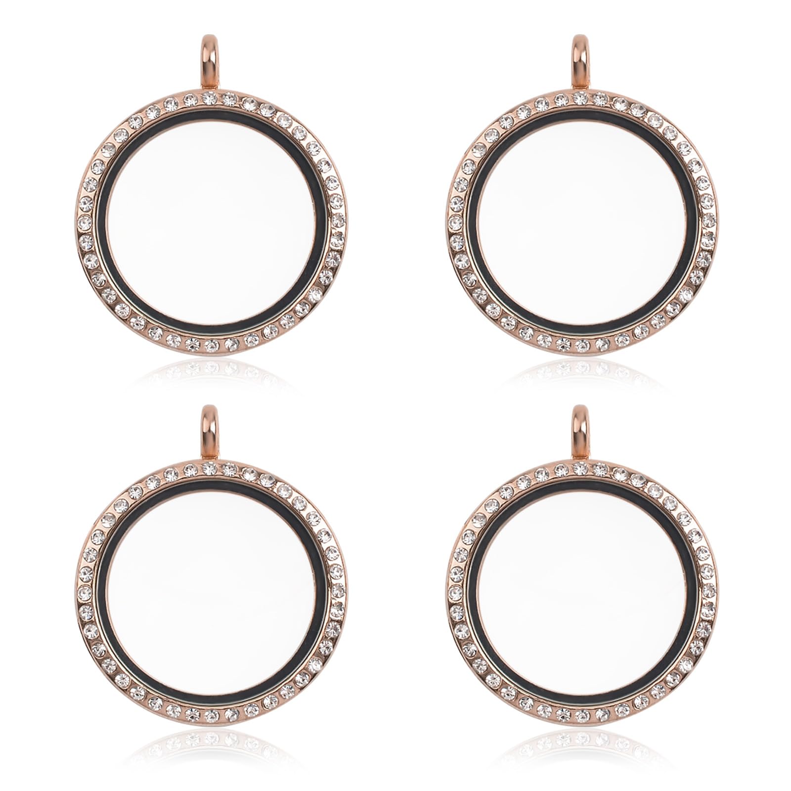 Wandic Rose Gold Rhinestone Photo Charm, 4 Pcs Round Crystal Photo Pendant Bridal Wedding Bouquet Charms Memory Locket For 2 Pictures