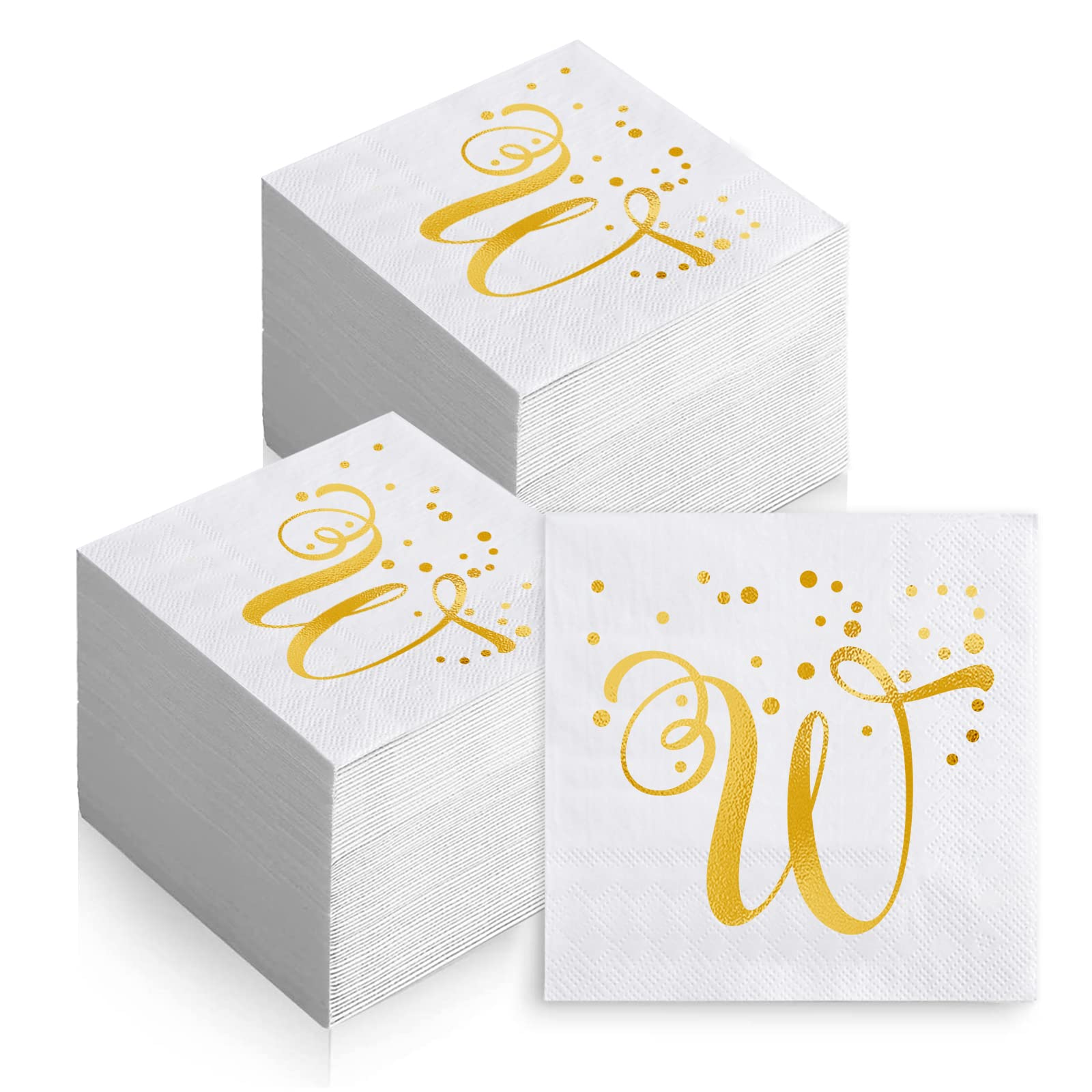 200 Pack Disposable Monogrammed Cocktail Napkins Gold Foil Letter W Paper Napkins Initial Beverage Napkin for Wedding Birthday Party Baby Shower