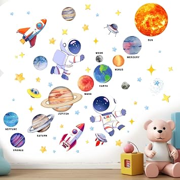 Outer Space Wall Stickers for Kids: Peel and Stick Astronaut Planets Rocket Wall Decals - Wall Decor Art Kids Supplies Ages 1-12 Year