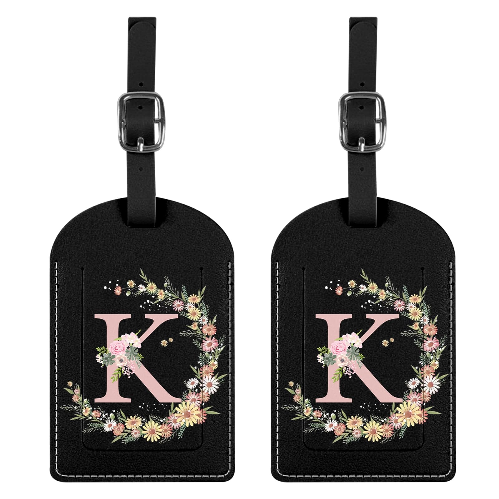 BHAHB 2 Stück Gepäckanhänger,Kofferanhänger mit Anfangs Brief, PU-Leder,ästhetische Niedlich Monogramm Reisetasche Etiketten für Frauen Mädchen (Black Letter-K)