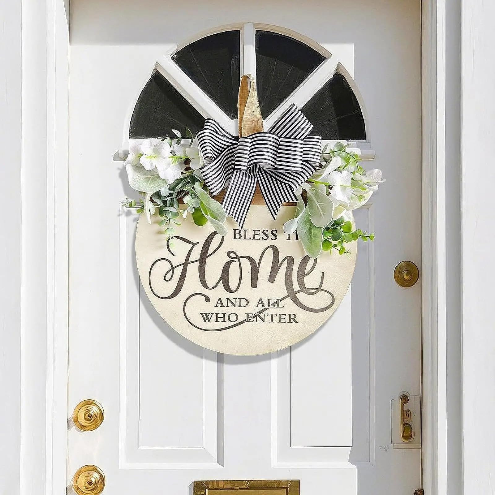 Front Door Wreath Welcome Sign Door Sign With Bowknot Wreath Wall Art Front Door Wreath For Home Yard Porch