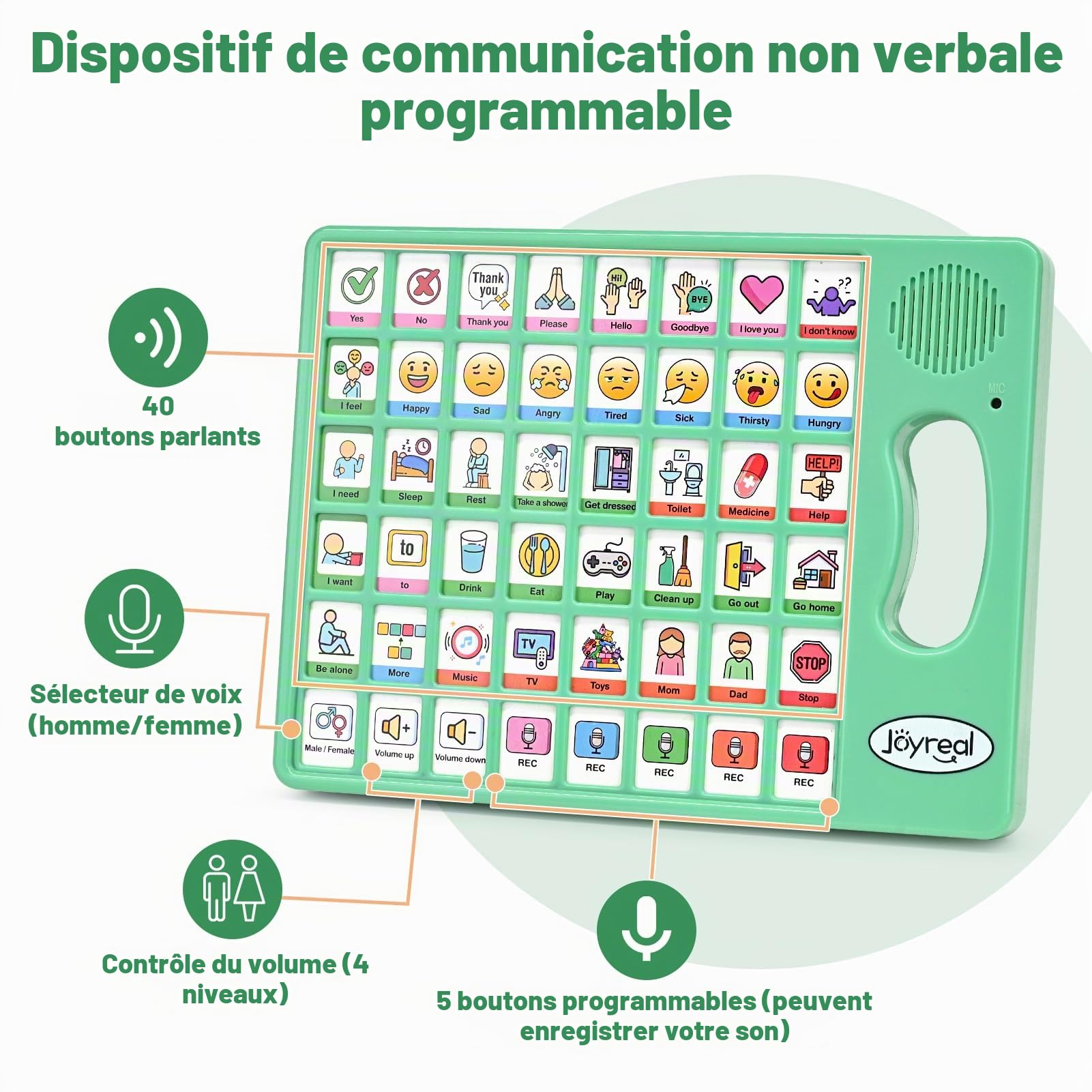 Joyreal Appareil AAC pour l'autisme, outils de communication non verbale pour la thérapie orthophonique et la rééducation des accidents vasculaires cérébraux. Tableau de communication avec 5 boutons