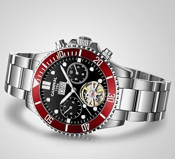 LOREO Men's Automatic Mechanical Wrist Watch Luminous Rotating Bezel Steel Band Outdoor Military Waterproof Wrist Watch red/black dial