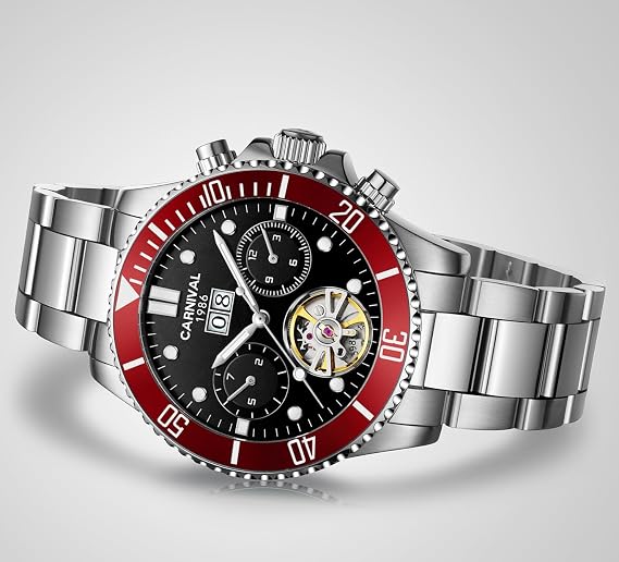LOREO Men's Automatic Mechanical Wrist Watch Luminous Rotating Bezel Steel Band Outdoor Military Waterproof Wrist Watch red/black dial