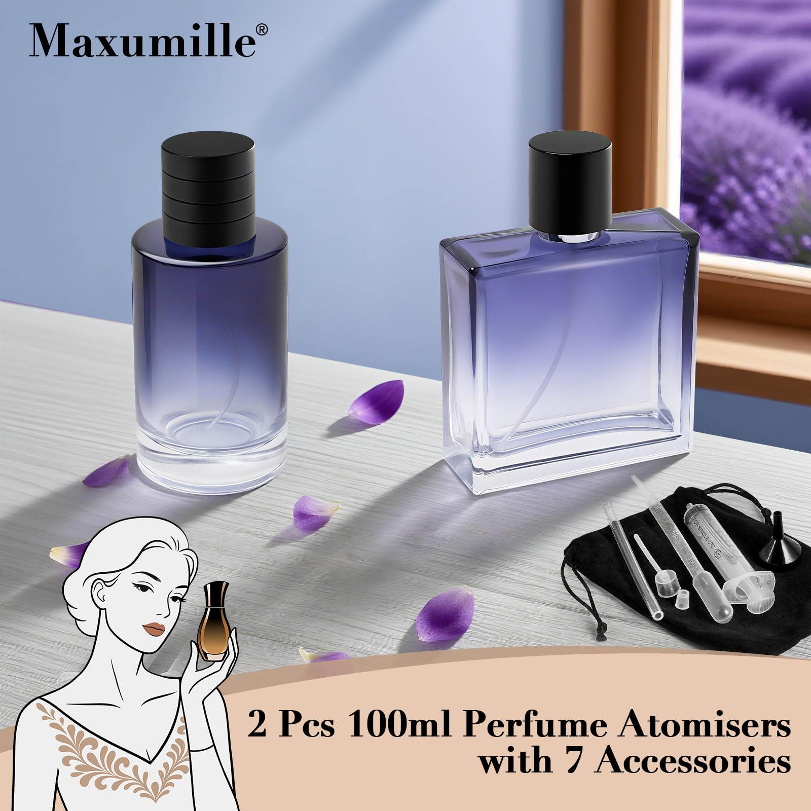 Gradient Blue Glas Perfumy Flakon puste 100 ml, aksamitna torba, okrągłe i kwadratowe, puste opakowanie 100 ml, duża pojemność, do podróży, perfum, alkoholu, do napełniania, wielokrotnego