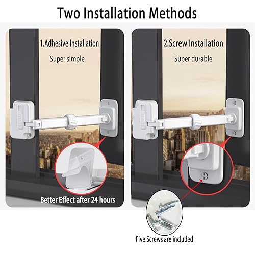Miniatura 5 de CMINGJ Paquete de 2 limitadores de ventana a prueba de niños, cerradura ajustable de seguridad para bebés, cerraduras de seguridad para ventanas