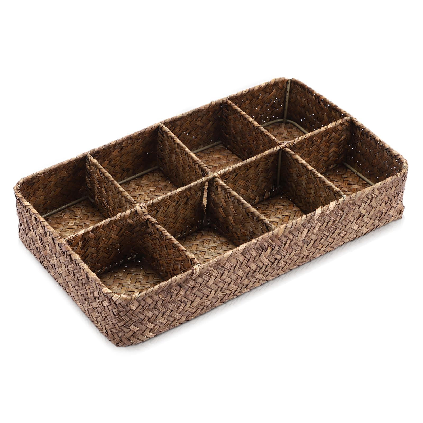 SUMTree Teebeutel Organizer Box Aufbewahrungsbox mit 8 Fächern Geflochten Aufbewahrungskorb aus Seegras 34,5x20x6 cm Kaffeefarben Teebeutelablagen für Kaffeebeutel, Gewürzbeutel für Büro, Esszimmer