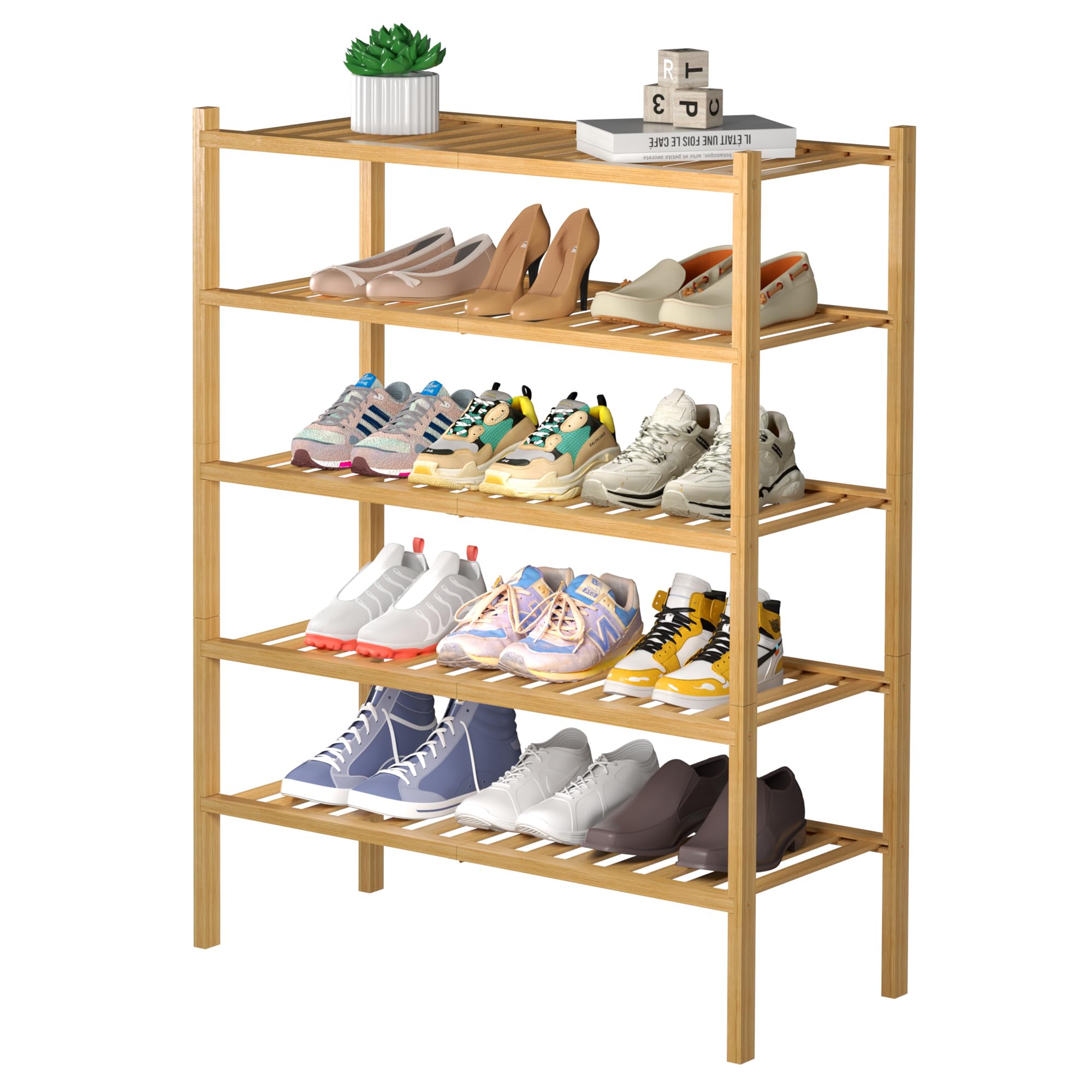 ROMGUAR CRAFT 5 Tier Bamboo Shoe Rack for Closet Free Standing Wood Shoe Shelf for Entryway Small Space Stackable 27"x11"x33" (Natural)