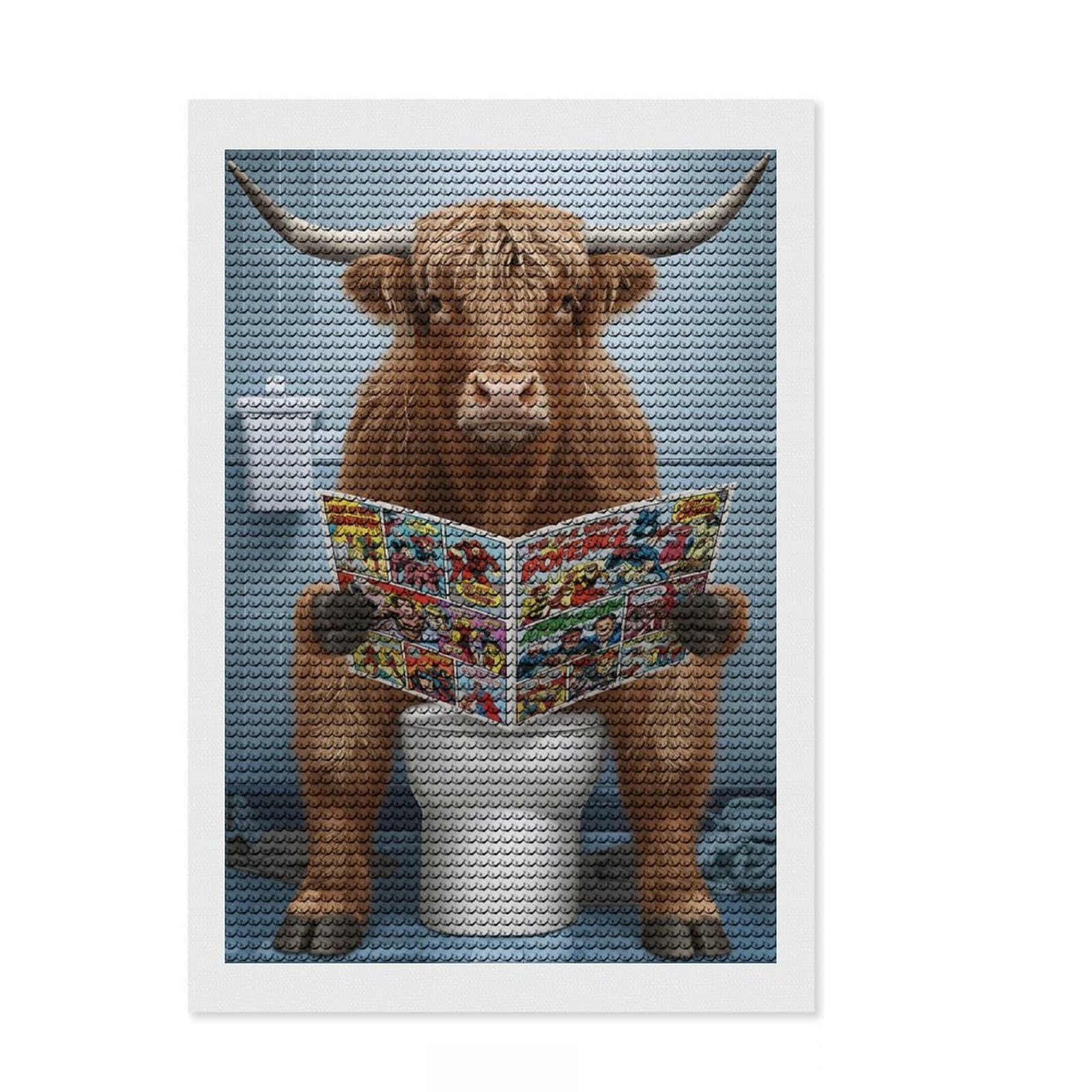 Junmoney Highland Cow Reading Comics on Toilet Diamond Art Kit 8"x12", Neat Printed Canvas, Easy to Follow Symbols, Easy Handmade Project, Living Room Decor