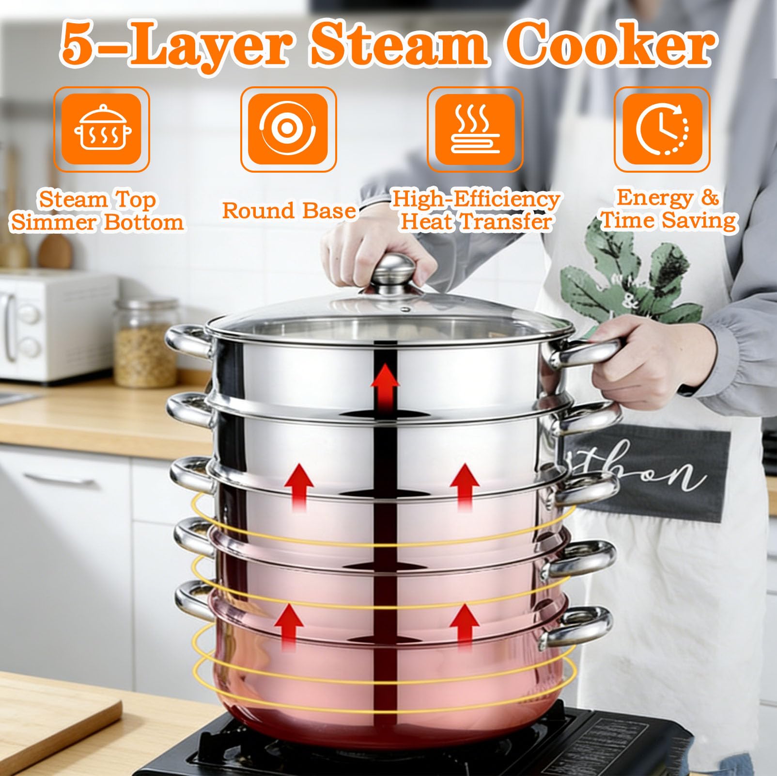 Vaporera Acero Inoxidable con Tapa Vristal, Olla Presión Verduras Grande Hogar 5 Capas Duradera, Ollas Vaporera Cocinar Vapor Cocinar Vapor Steamer Cooking para Cocinar Verduras Mariscos Sopas Guisos