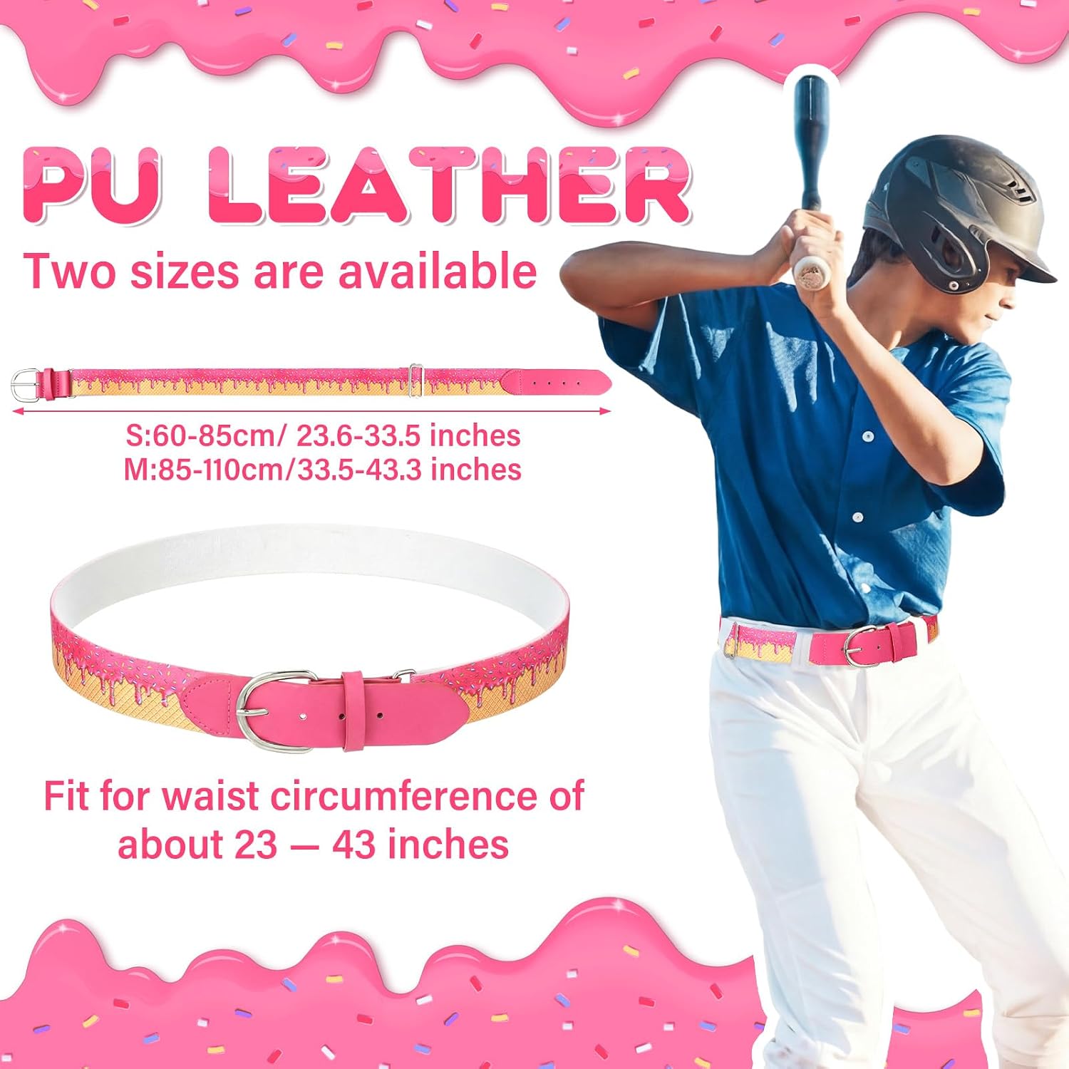 Ice Cream Drip Baseball/Softball Belt, Adult/Youth Adjustable PU Leather Elastic Waist Belt