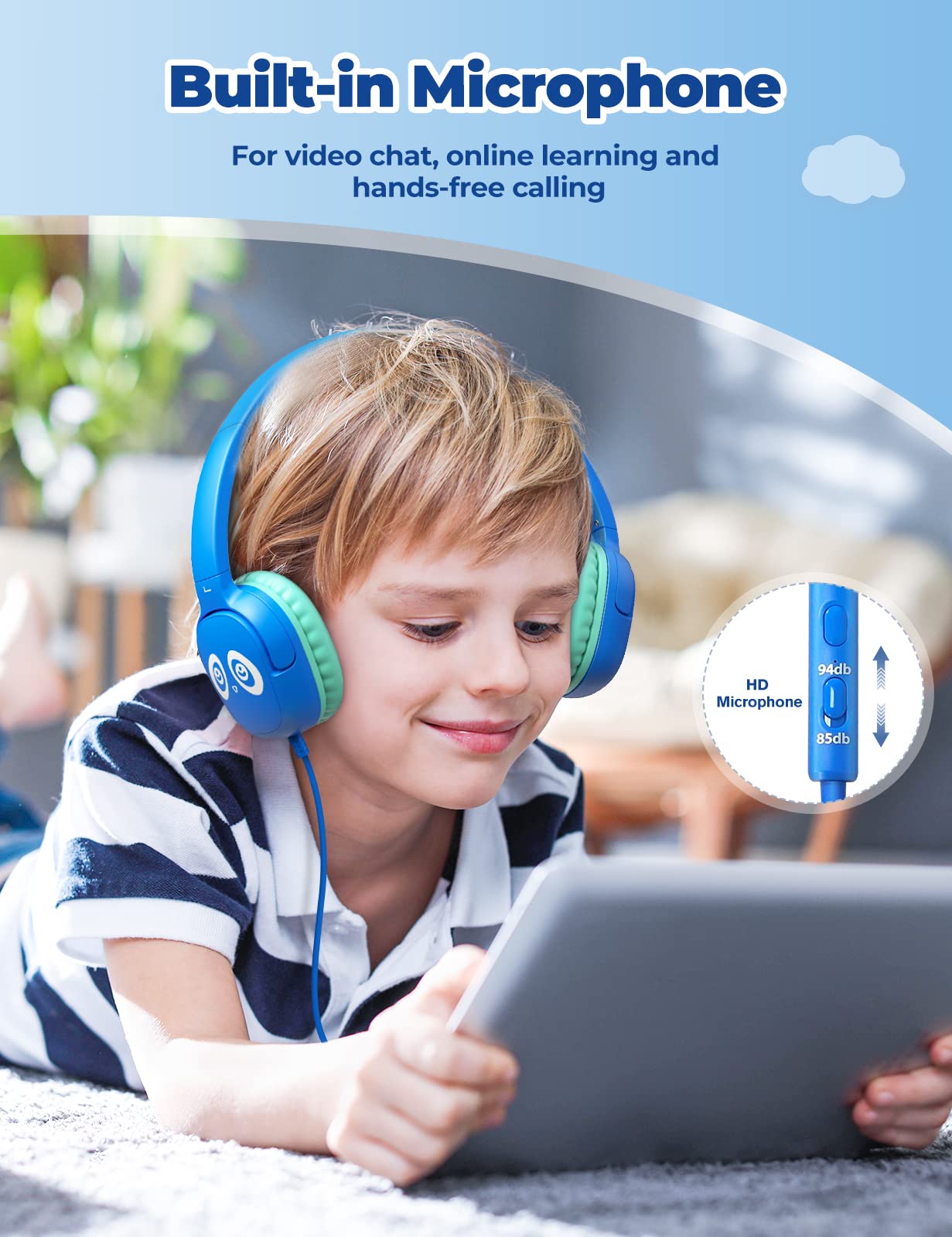 Auriculares para niños con cable, auriculares para niños con micrófono para niños y niñas, volumen limitado de 85 dB/94 dB, auriculares plegables para niños pequeños para escuela, avión, 3