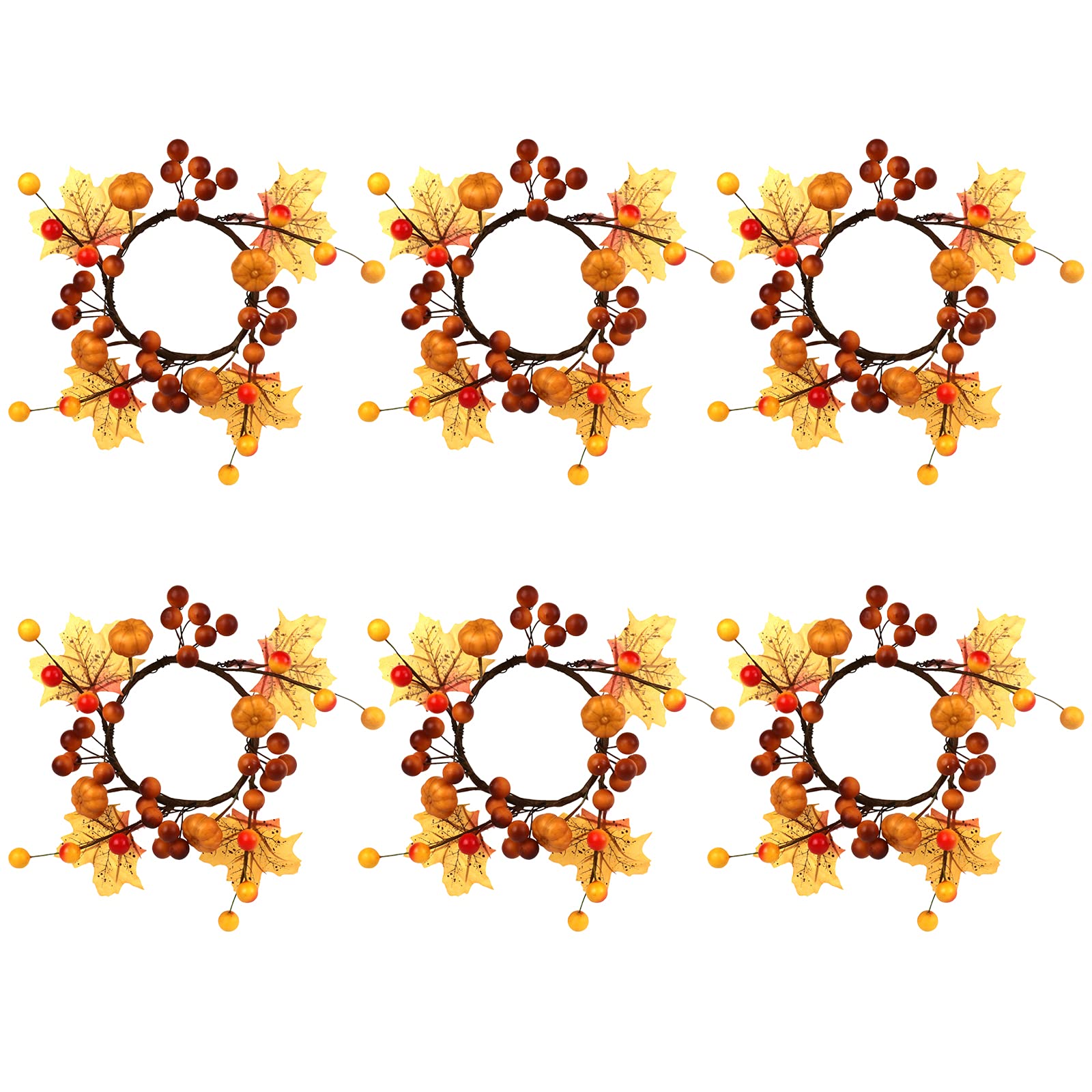 6PCS Fall Candle Rings Wreaths, Artificial Maple Leaves and Berries Candle Rings for Pillars, Fall Candle Garland for Farmhouse Thanksgiving Halloween Centerpiece Table Decor(#4)