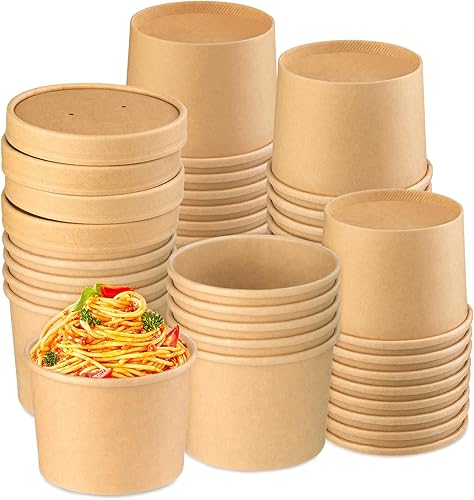 Paquete de 50 recipientes de papel de 12 onzas con tapas, cuencos de sopa de papel desechables, cuencos para llevar con tapas, cuencos de postre