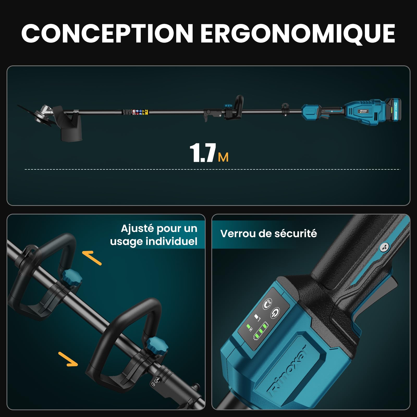 Debroussailleuse Electrique sans Fil, Coupe Bordure 26 cm avec Moteur Avant Brushless, 2 x 5200mAh, 8000/12000 TR/Min, 3 Lames, Manche Réglable et Poignée en D, pour Pelouse, Bordures, Jardin