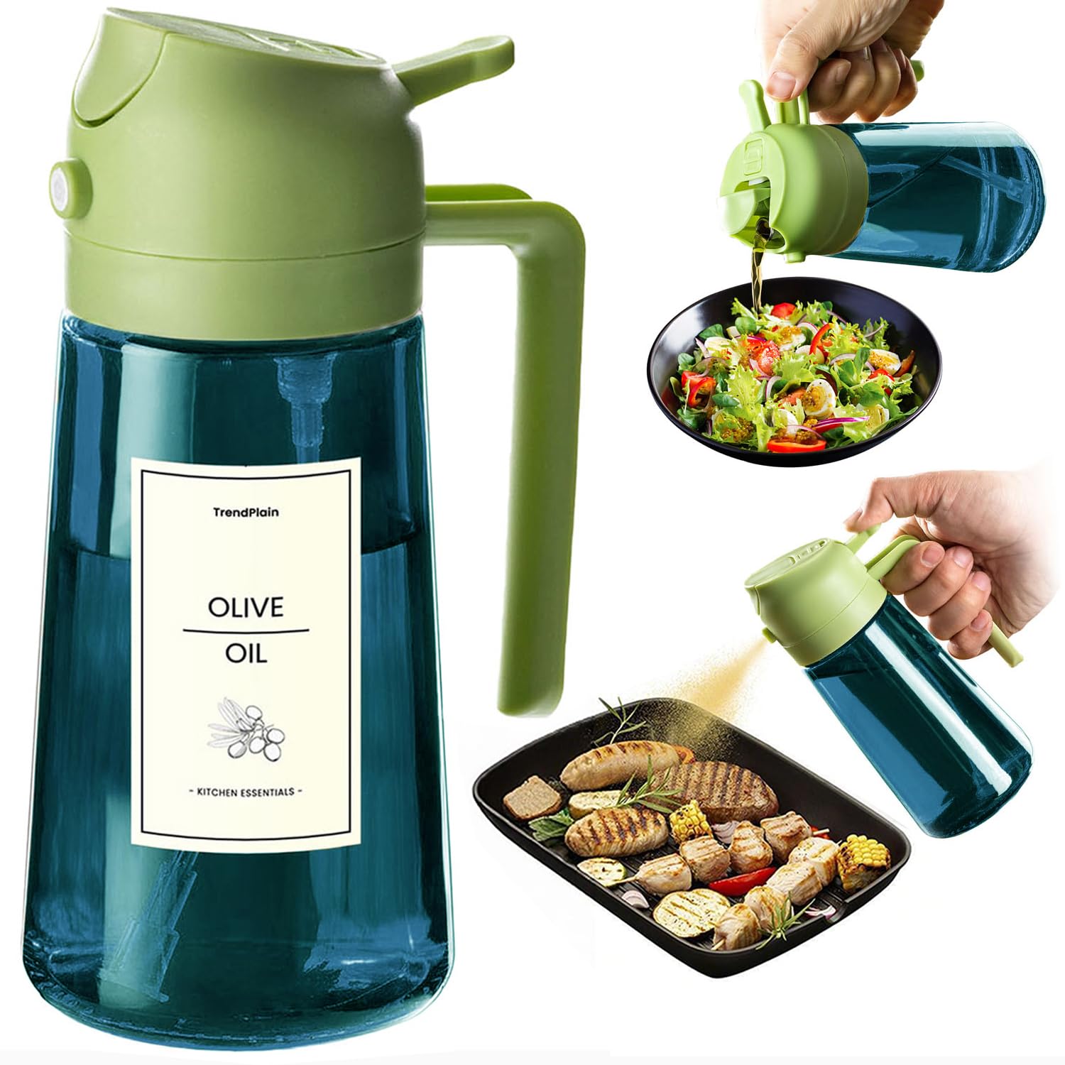 TrendPlain Kitchen Oil Spray 470ml - Air Fryer 2-in-1 Oil Spray for Cooking, Salads, Vinegar and Kitchen Accessories (1 Piece, Green)