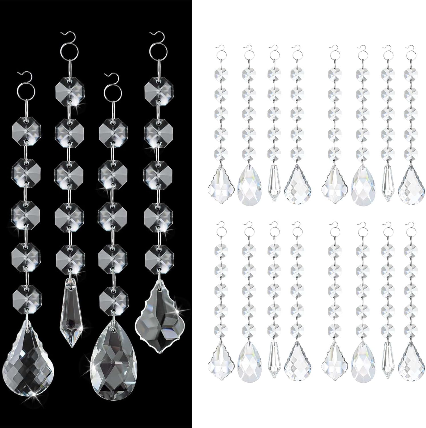 20 Pcs Crystal Prisms Hanging Assortment, Clear Teardrop & Icicle Chandelier Replacement Parts with Hooks, Multi-Shape Suncatchers for Windows Lamps Christmas Tree Home Party Decor (Clear, 20 Pcs)