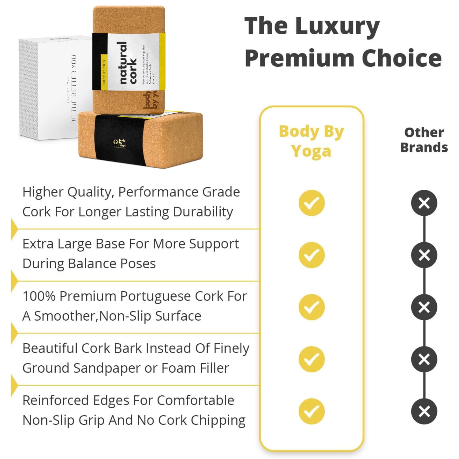 Luxury Cork Yoga Block Set - Extra Large Yoga Blocks with Performance Grade Portuguese Cork | High Density, Non-Slip Support for Safer Balancing | 2 Pack | 100% Cotton, Extra Long Yoga Strap Included