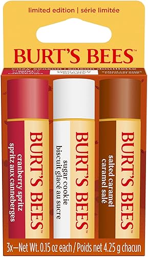 Burt's Bees 100% Natural Origin Moisturizing Lip Balm for Dry Chapped Lips, Get Soft and Hydrated Lips - Pack of 3 - (Cozy Season) Sugar Cookie, Cranberry Spritz, Salted Caramel
