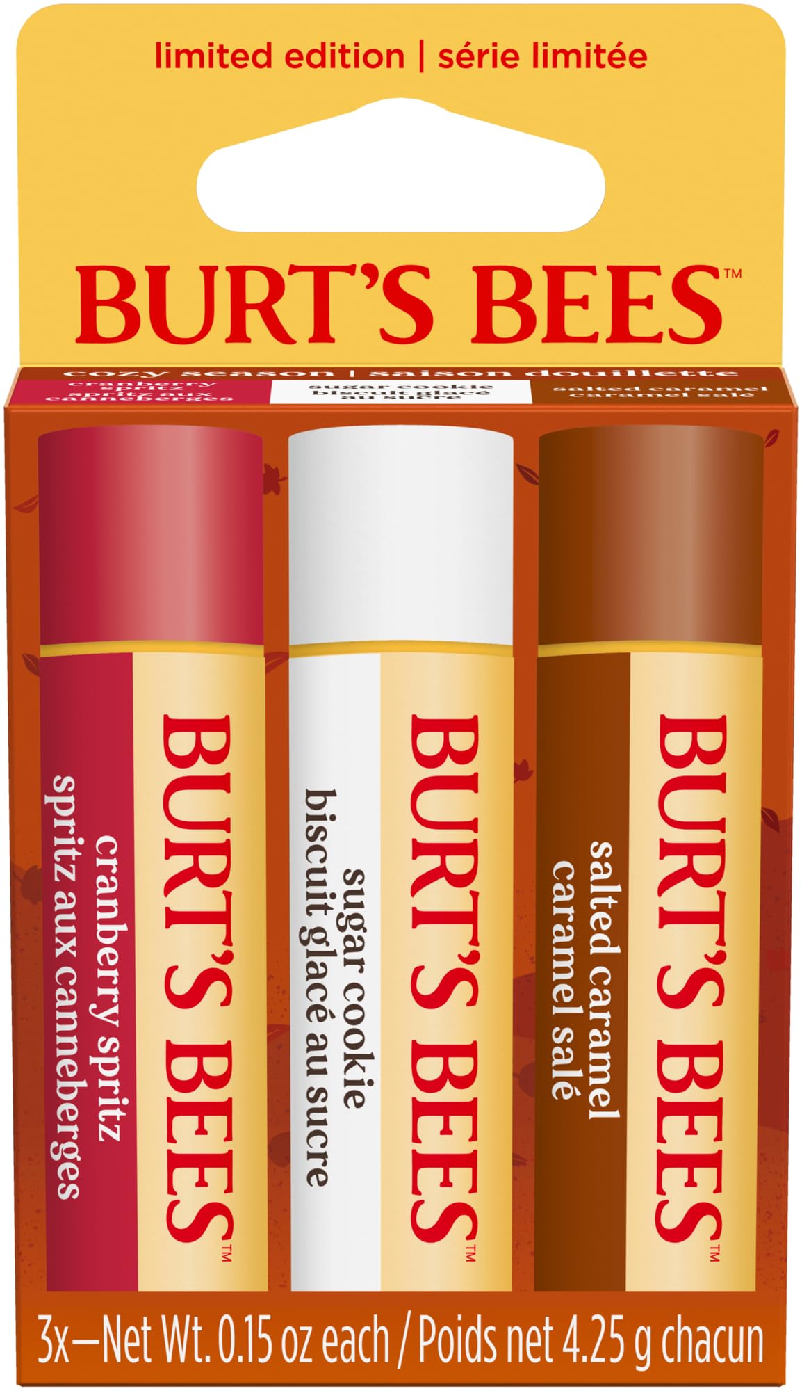 Burt’s Bees Lip Balm Gift Set, Cranberry Spritz, Salted Caramel, Sugar Cookie Lip Balm Multipack, 100 Percent Natural Origin, 3x4.25g